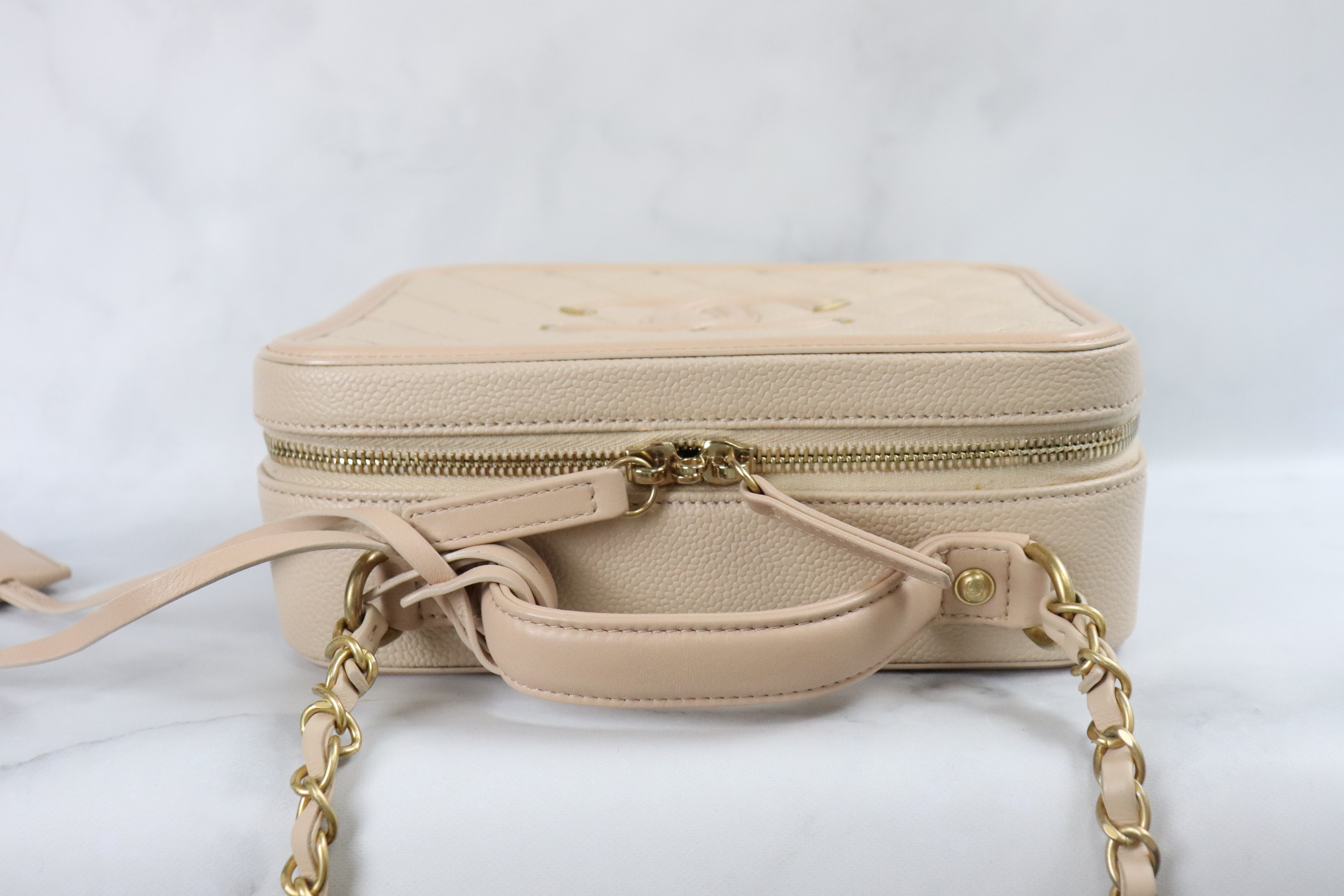 Chanel Filigree Vanity Case, Medium, Beige Caviar Leather, Brushed Gold  Hardware, Preowned with Box