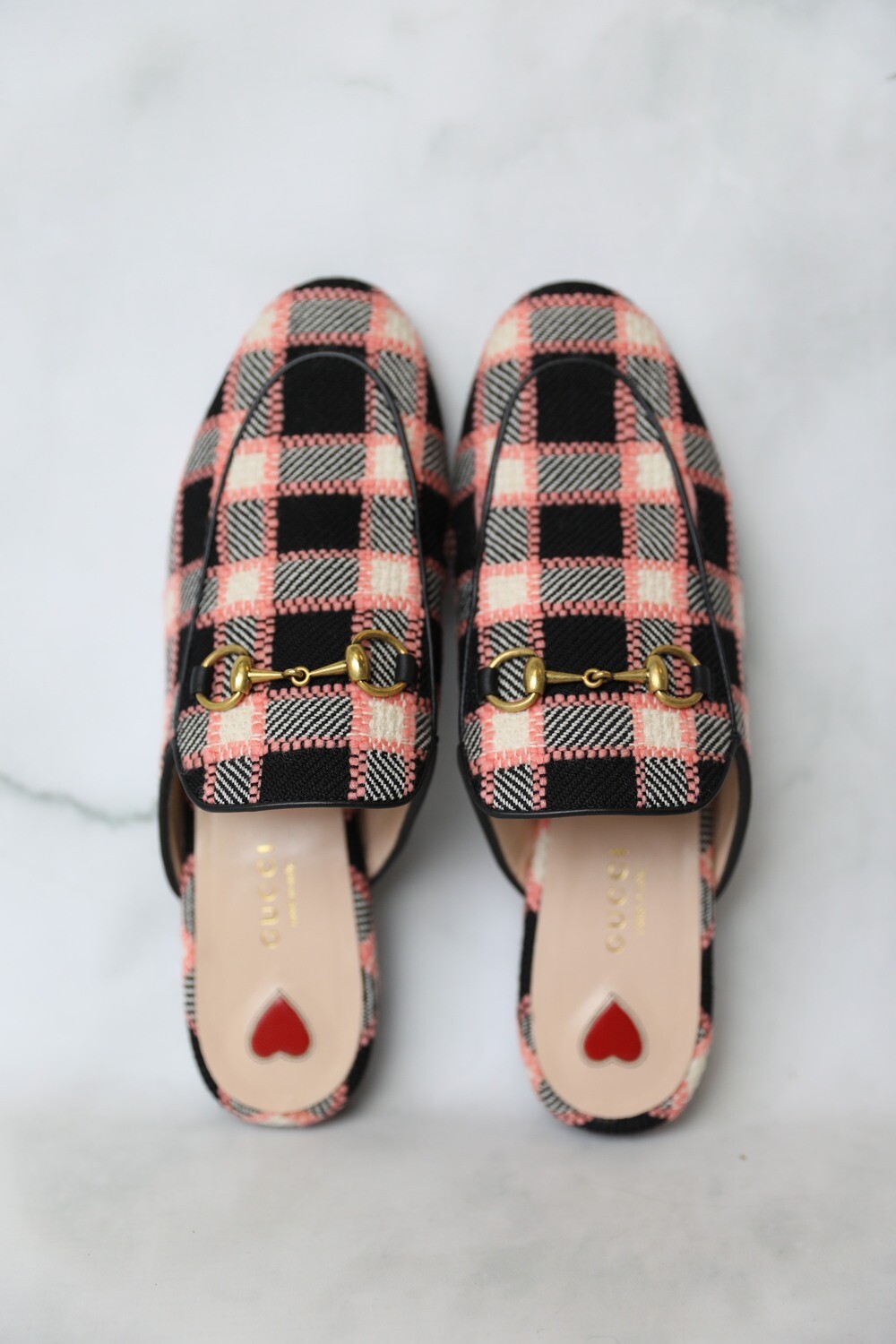 Gucci Princetown Loafers, Pink and Black Plaid, Size 37.5, New in Box WA001