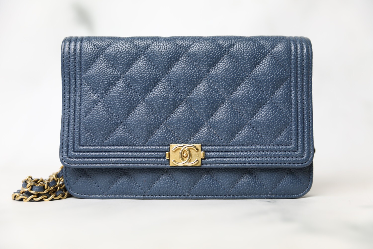 Chanel Boy Wallet on Chain, Blue Caviar with Aged Gold Hardware, Preowned in Dustbag WA001