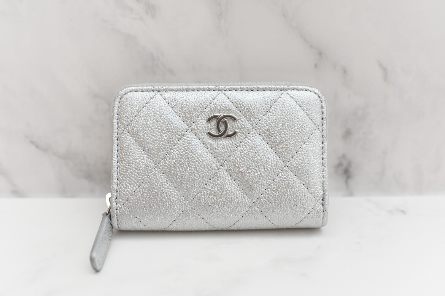 Chanel SLG Metallic Silver Zippy Coin, Silver Hardware, New in Box
