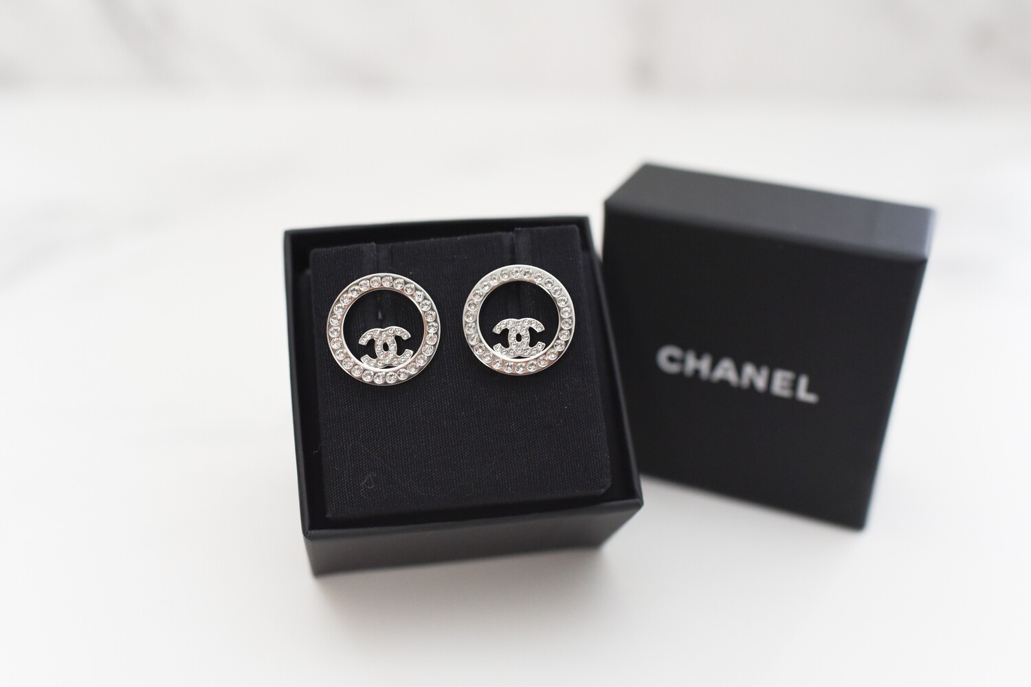 Chanel Earrings Silver Crystal Circle Round with Inlay CC, New in Box 