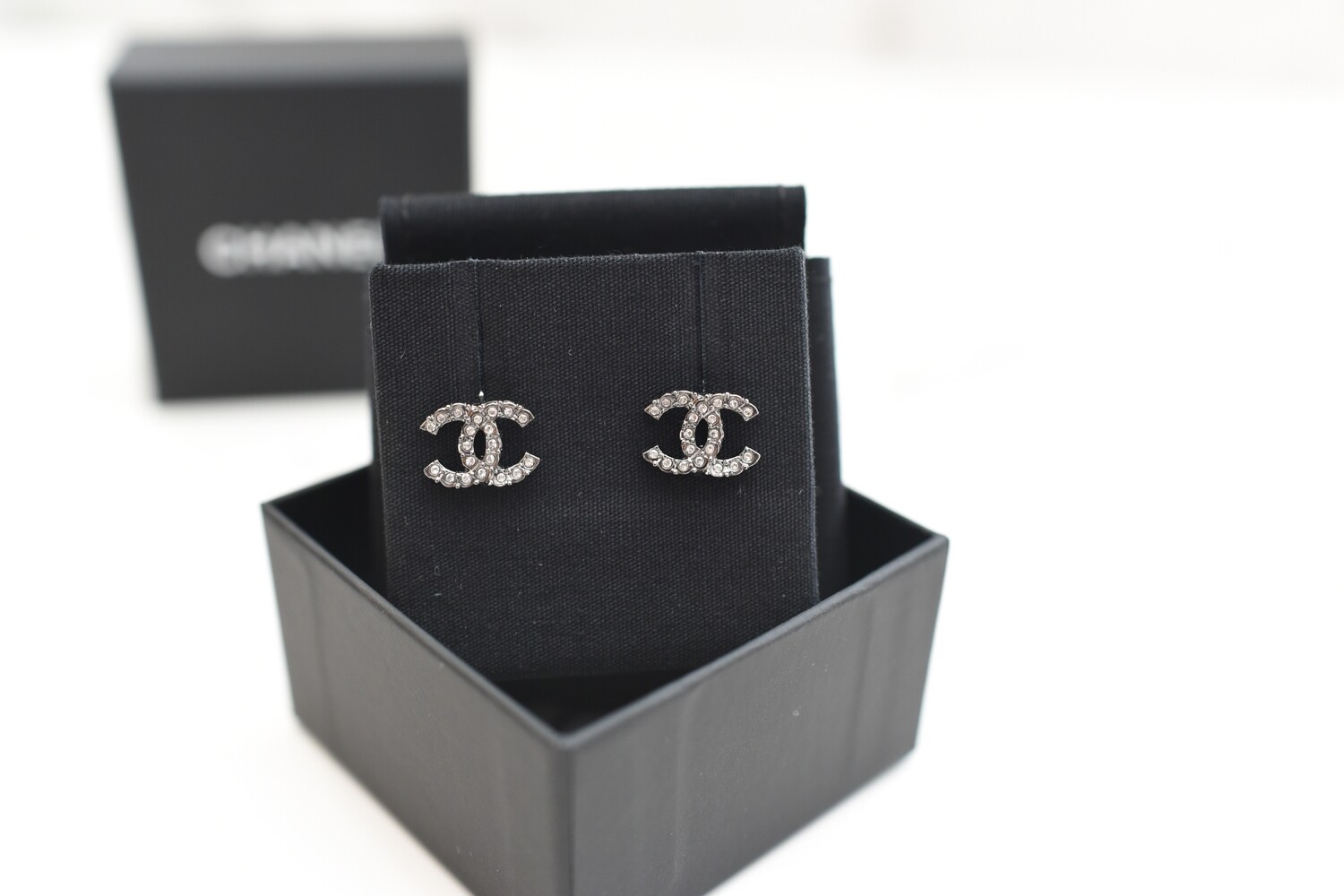 Chanel Earrings CC Crystal Studs in Dark Silver, New in Box