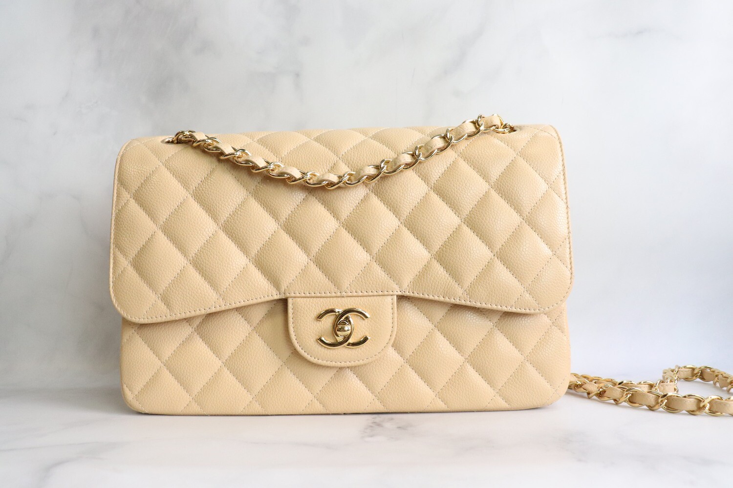 Chanel Classic Jumbo Double Flap, Beige Caviar Leather, Gold Hardware, Preowned in Box with Black Dustbag