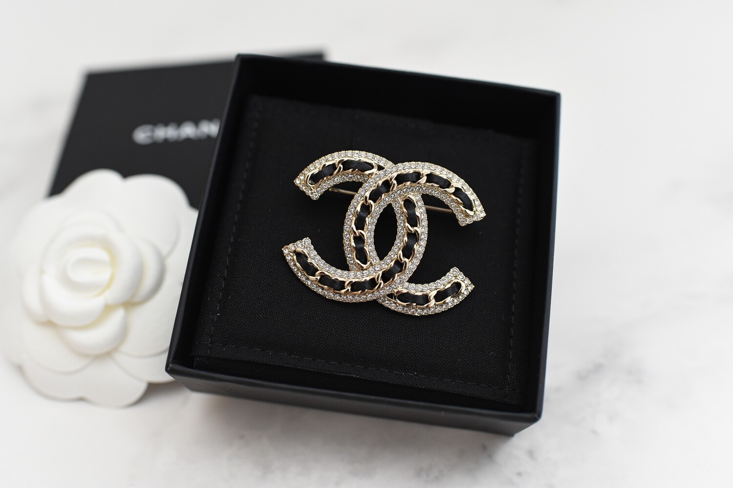 Chanel CC Gold Brooch with Leather and Crystals, New in Box