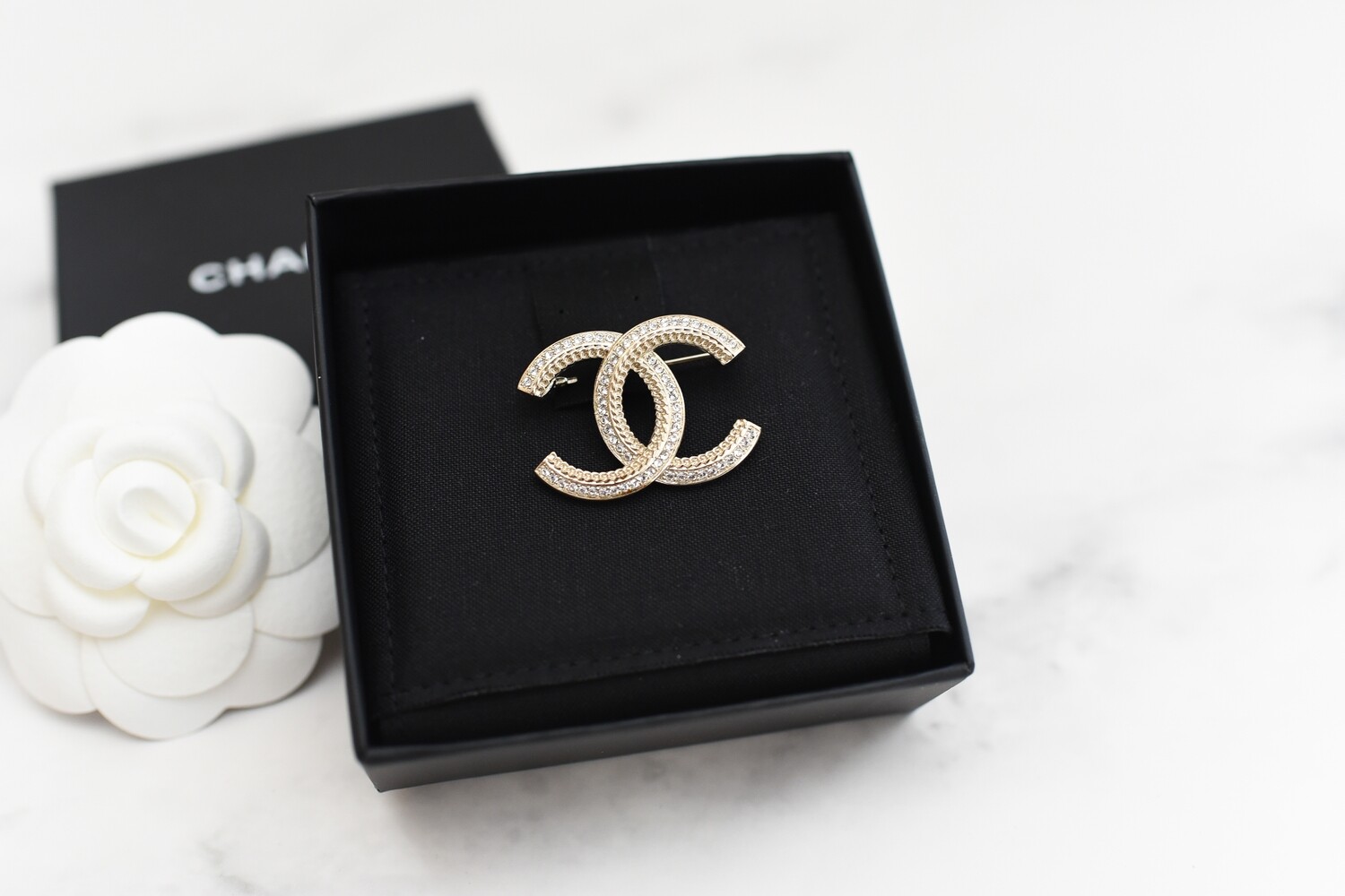 Chanel CC Gold Brooch with Crystals, New in Box