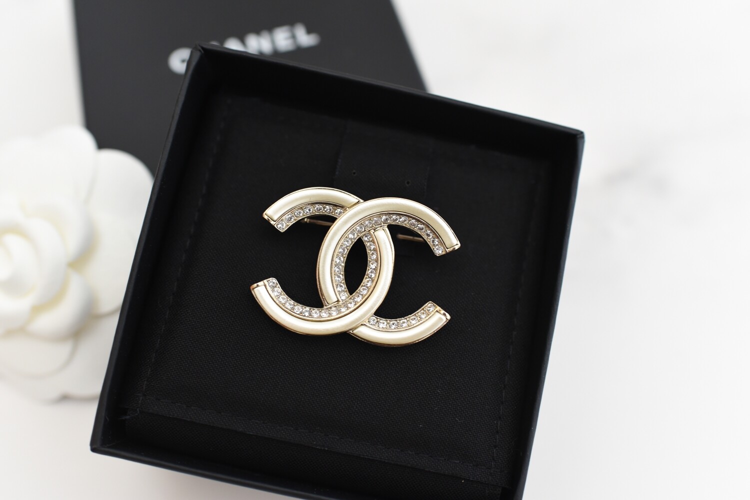 Chanel CC Gold Brooch with Crystals, New in Box