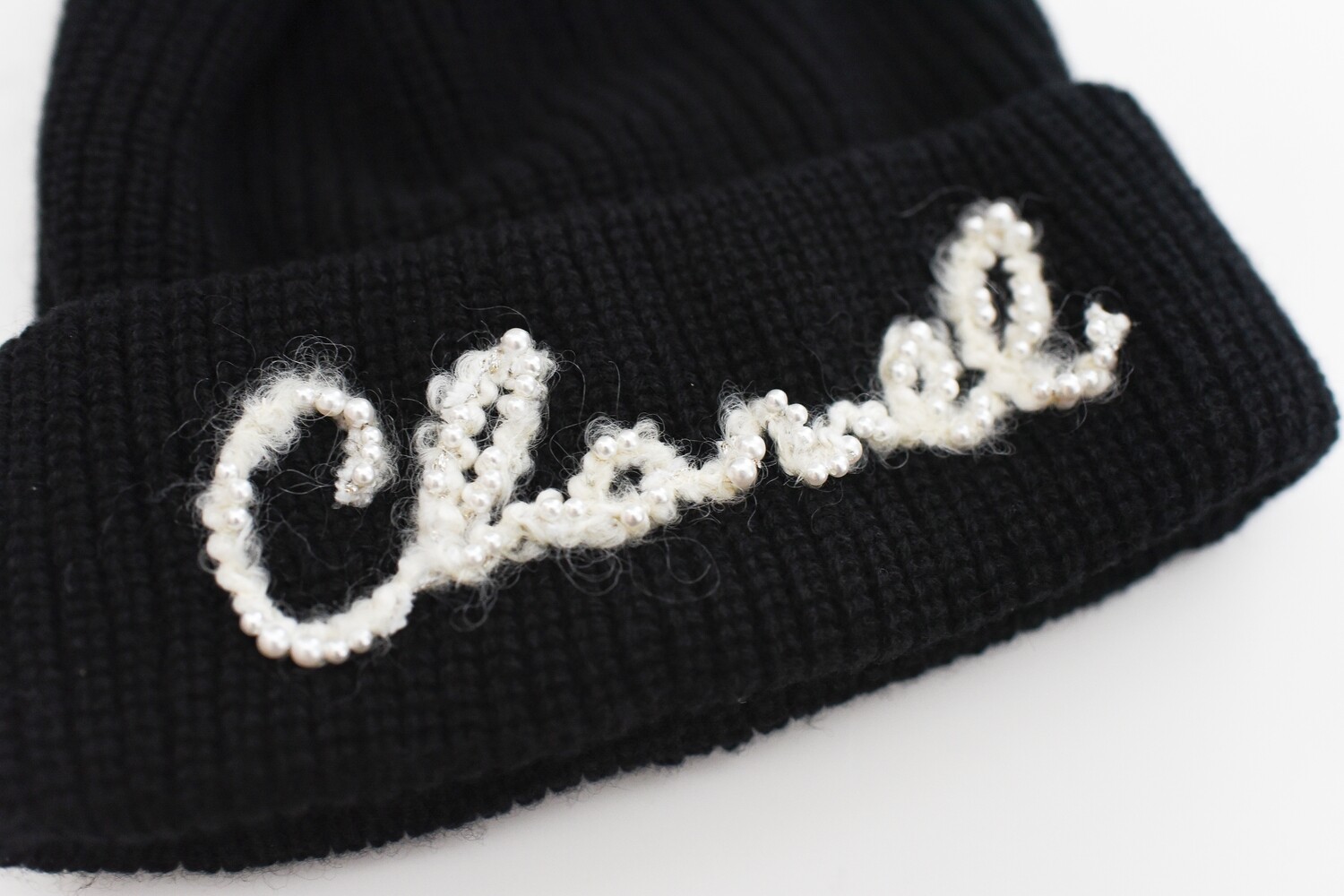 Chanel 100% Cashmere Beanie Hat with Pearls, Black and White