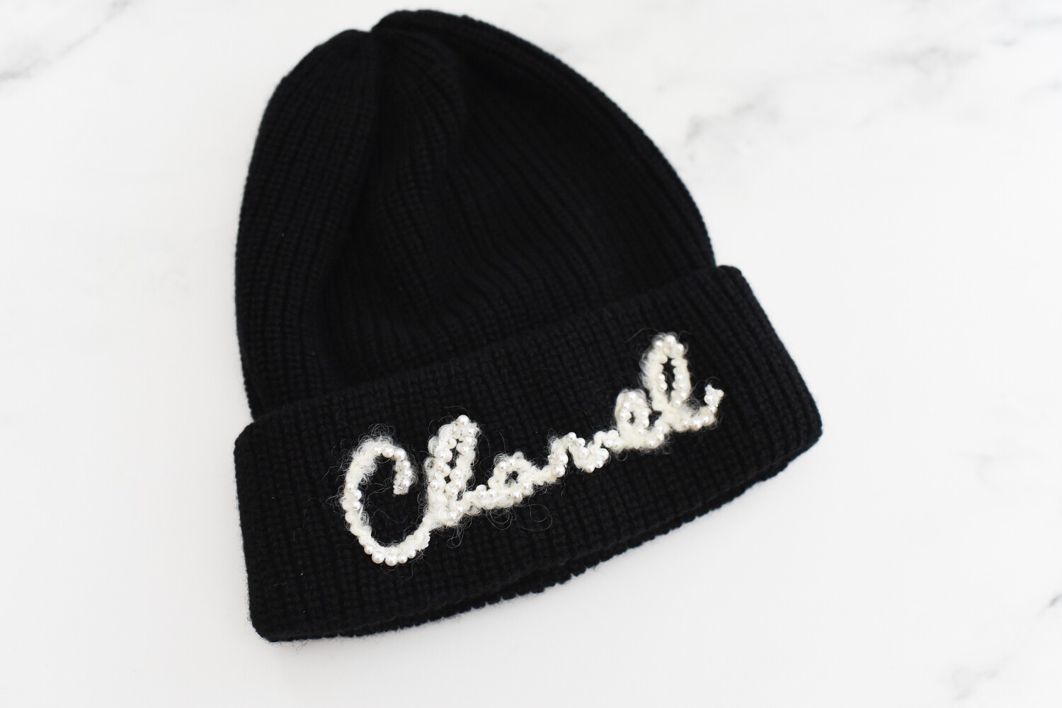 Chanel 100% Cashmere Beanie Hat with Pearls, Black and White, New