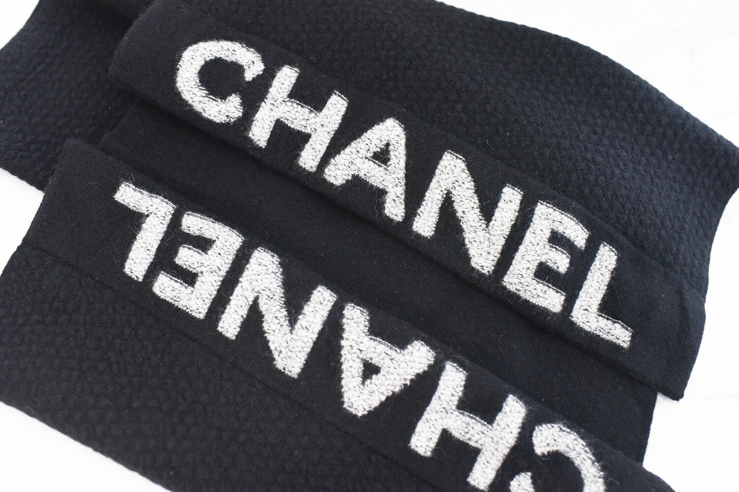 Chanel Large Wool and Cashmere Scarf 72&quot;x17&quot;, Black and Gray, New