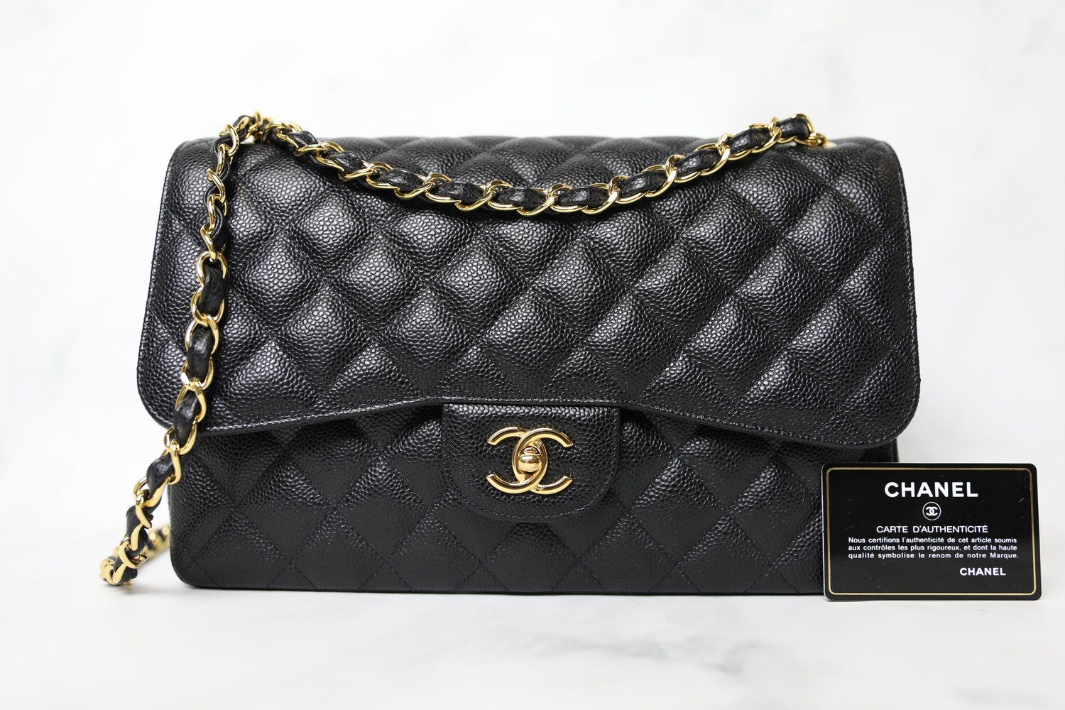 Chanel Classic Jumbo, Black Caviar with Gold Hardware, Preowned in Box WA001