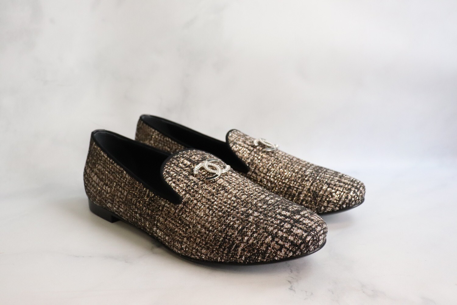 Chanel Shoe Loafer Pink/Black Tweed Sparkle 19P, New in Box, Size 38.5