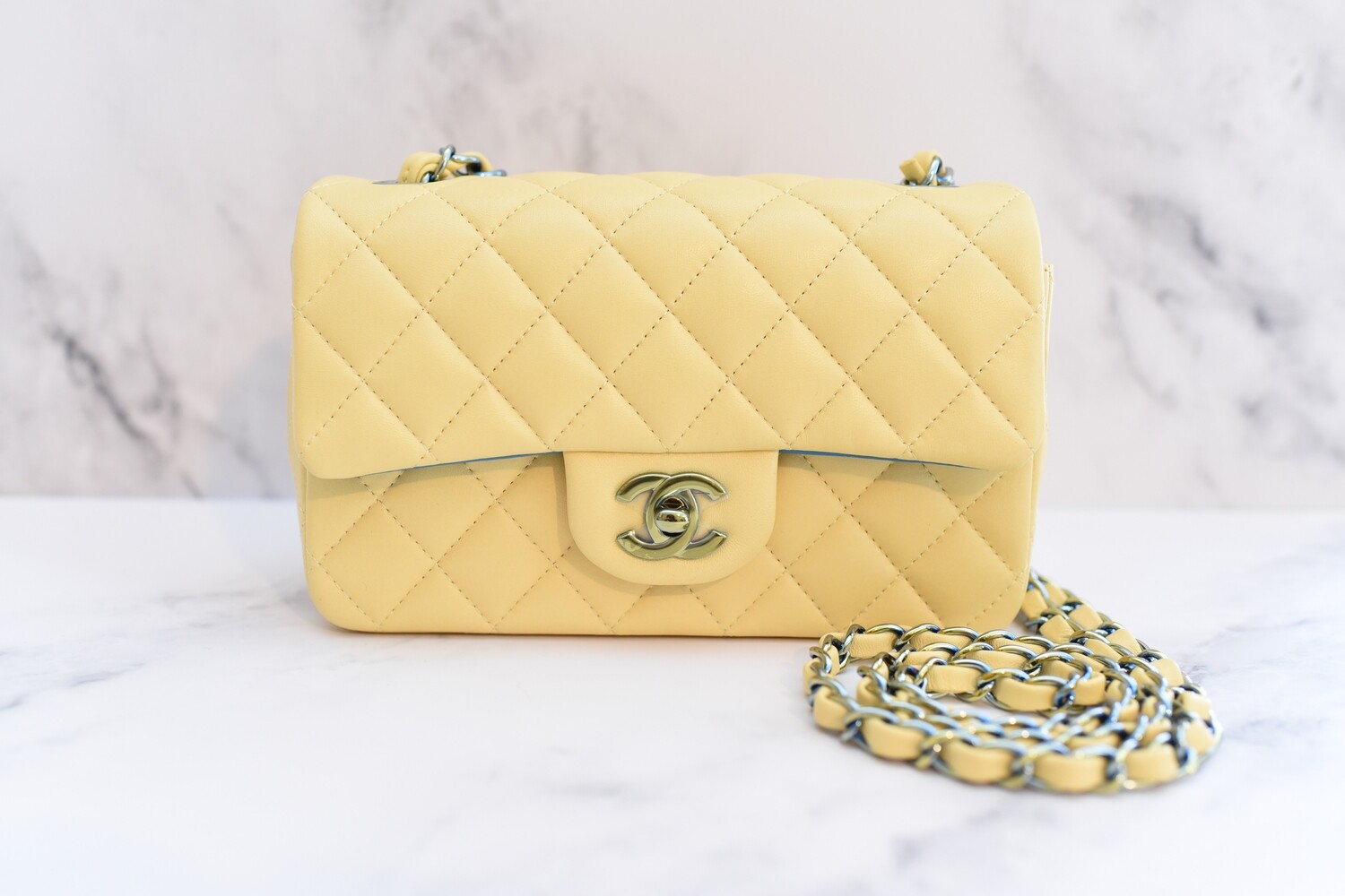 Chanel Mini Classic Flap, Yellow Lambskin with Rainbow Iridescent Hardware, New in Box