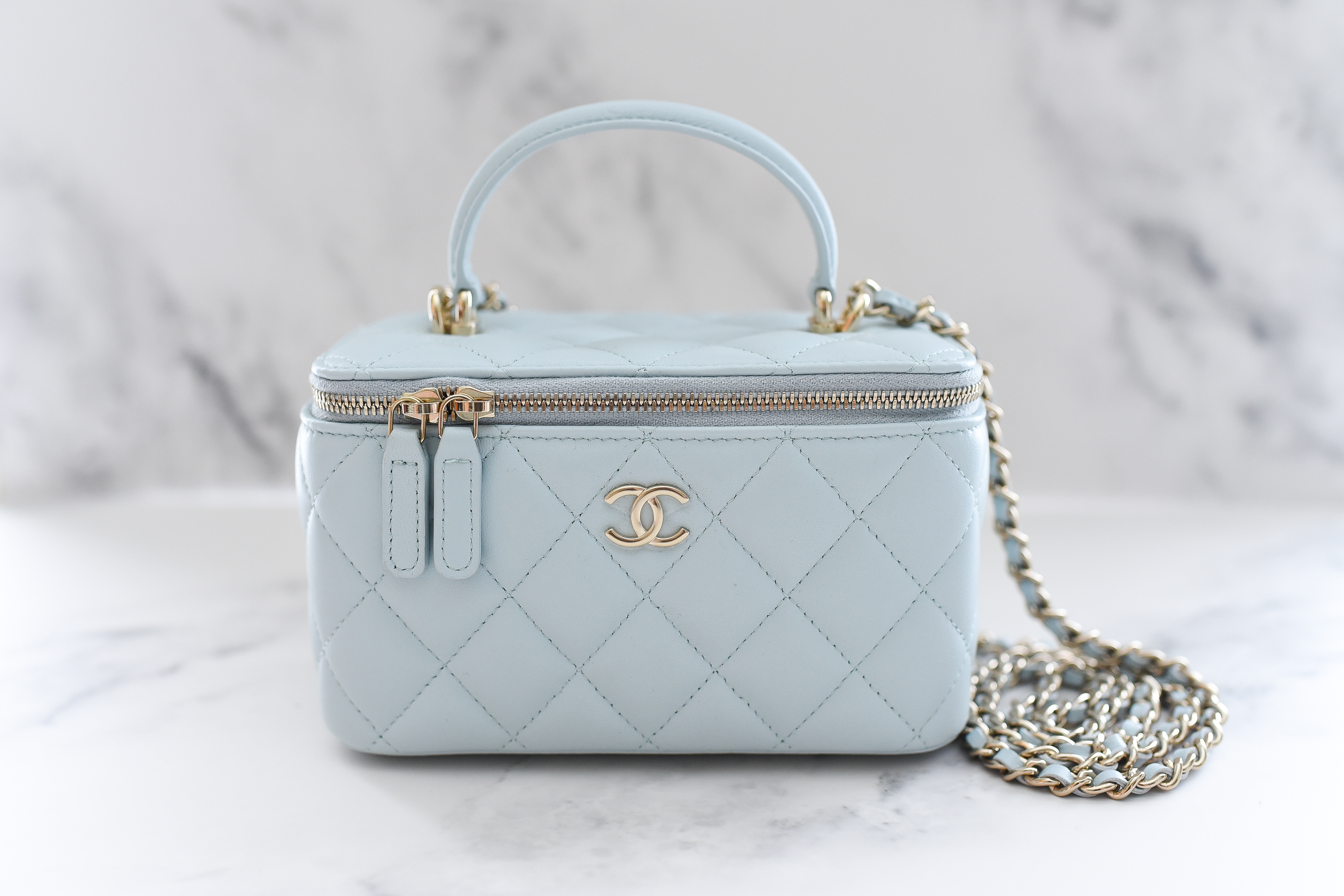 Chanel Top Handle Vanity with Chain, Light Blue Lambskin with
