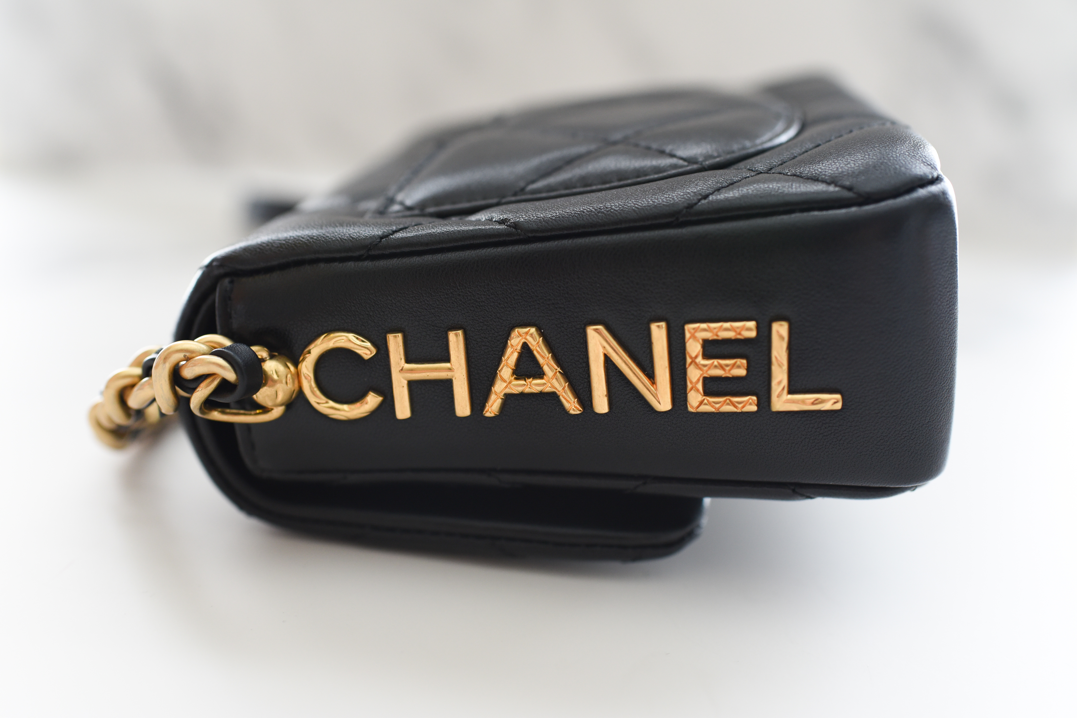 Badly Descent Please Chanel Quilted Side Note Flap Mini, Black Lambskin with Gold Hardware,  Black Lambskin with Gold Hardware, New in Box