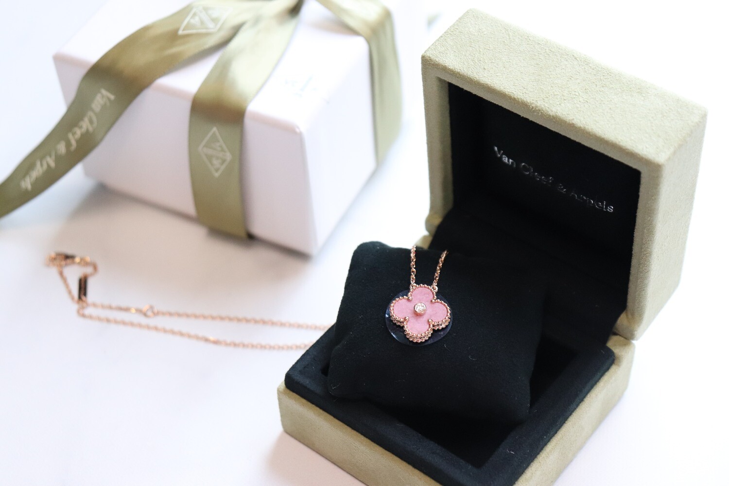 VCA Vintage Alhambra Pendant, Rose Gold, Rhodonite, Round Diamond, Limited 2021 Stone, New In Box