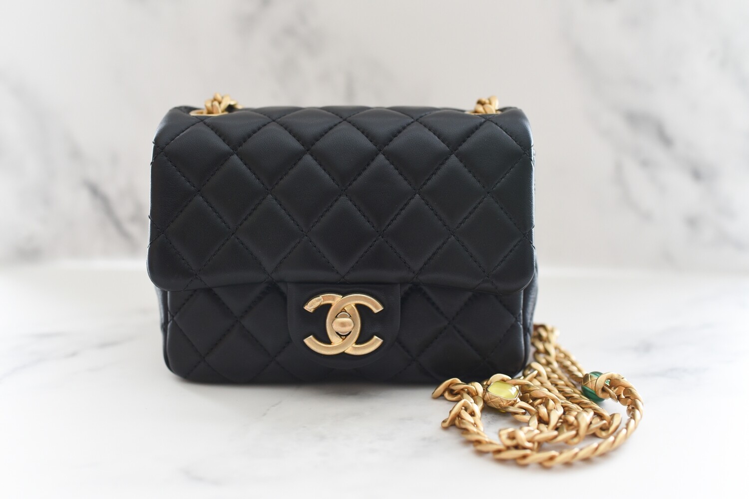 Chanel Resin Quilted Square Mini Pearl Samba Flap, Black Lambskin