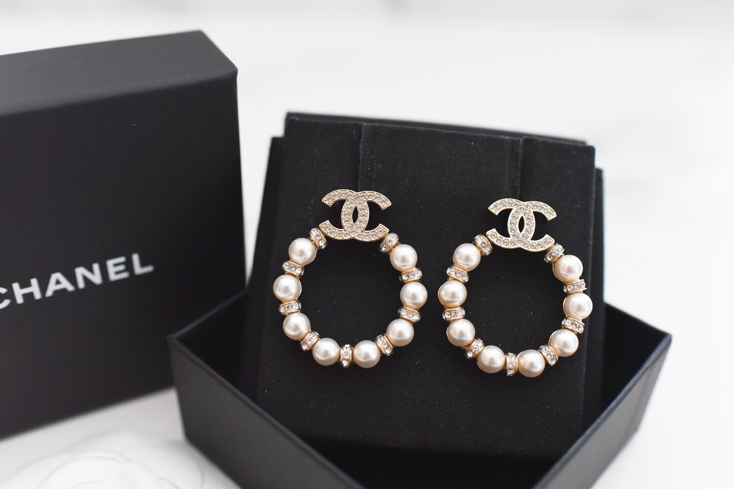 Chanel CC Gold Earrings with Pearls and Crystals, New in Box