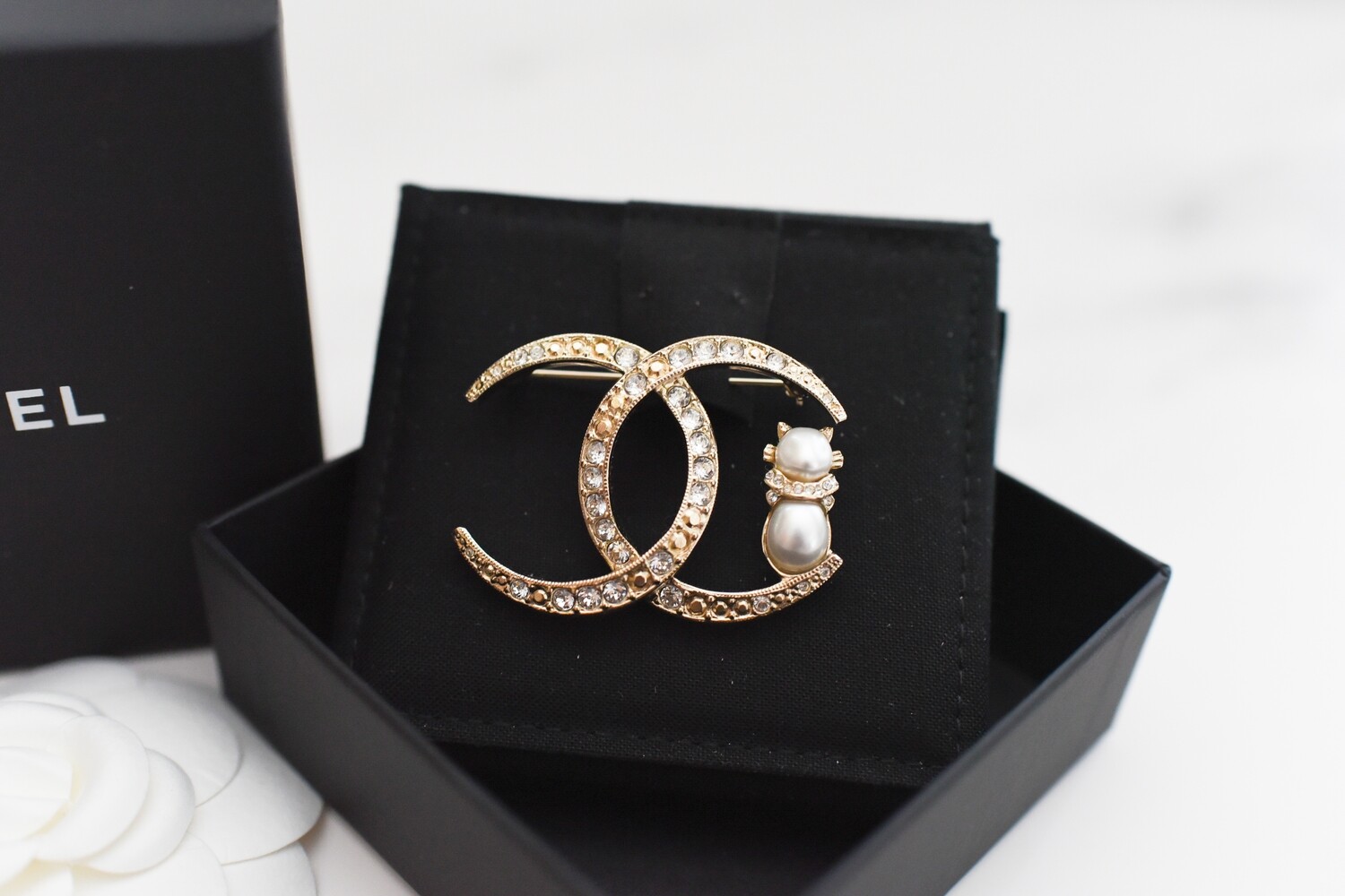 Chanel CC Gold Brooch with Pearls and Crystals, New in Box