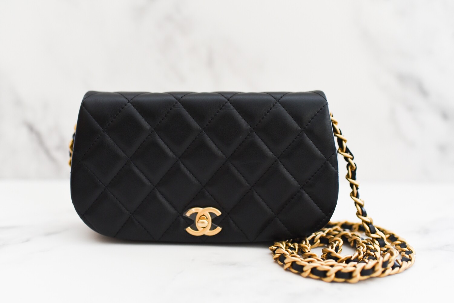 Chanel Seasonal Quilted Coco Mail Clutch with Chain, Black Calfskin Leather  with Gold Hardware, New in Box