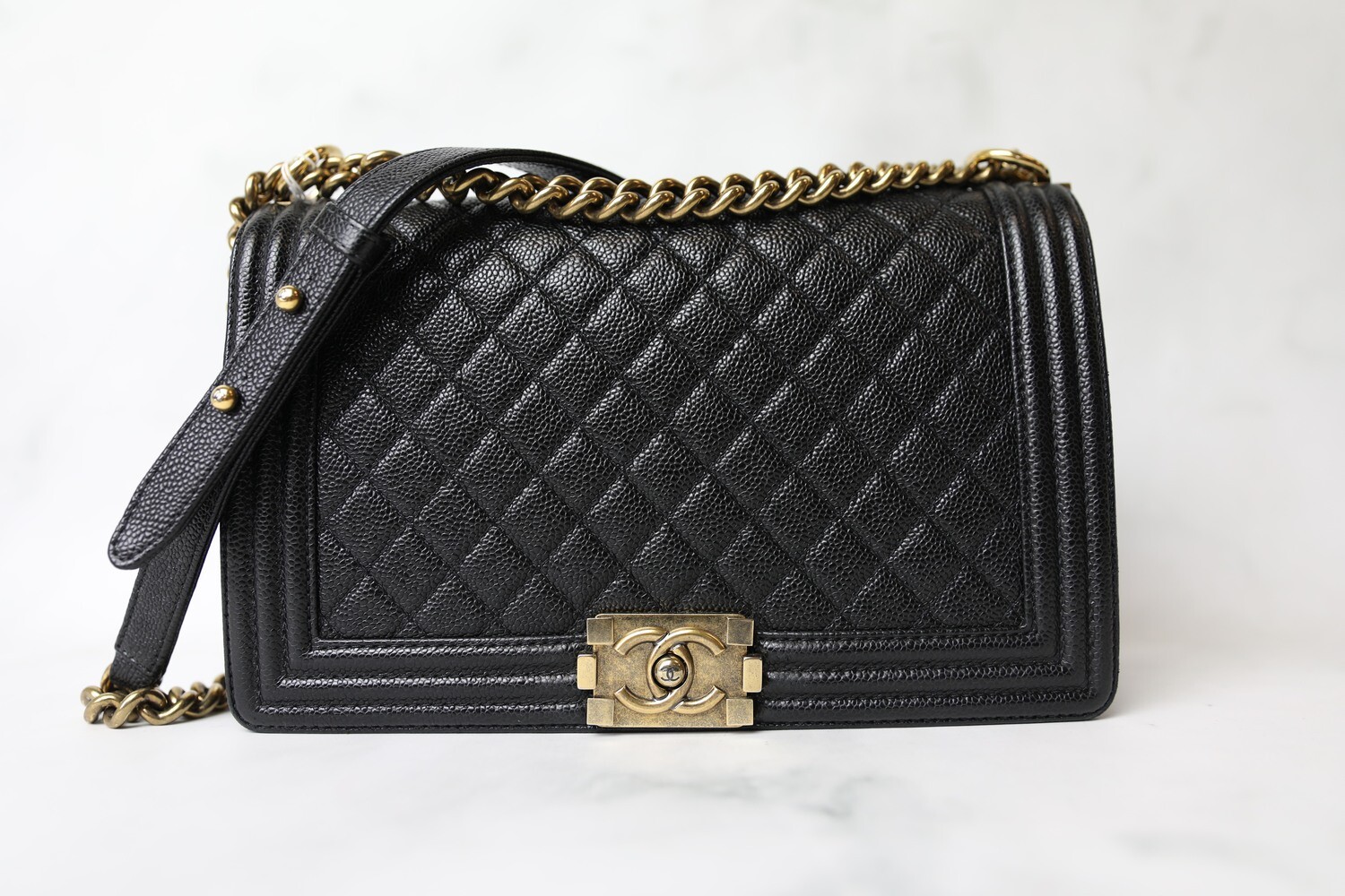 Chanel Boy Large, Black Caviar with Aged gold Hardware, Preowned in Box WA001