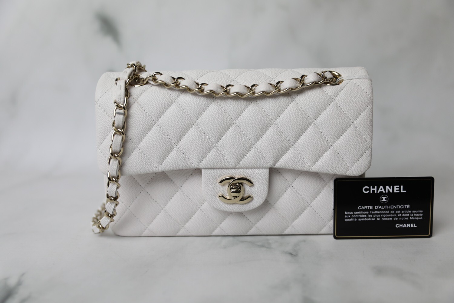Chanel Classic Small, White Caviar with Gold Hardware, Preowned in Box WA001