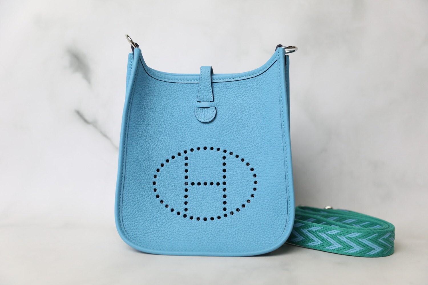 Hermes Evelyne TPM, Blue with Patterned Strap, New in Box WA001