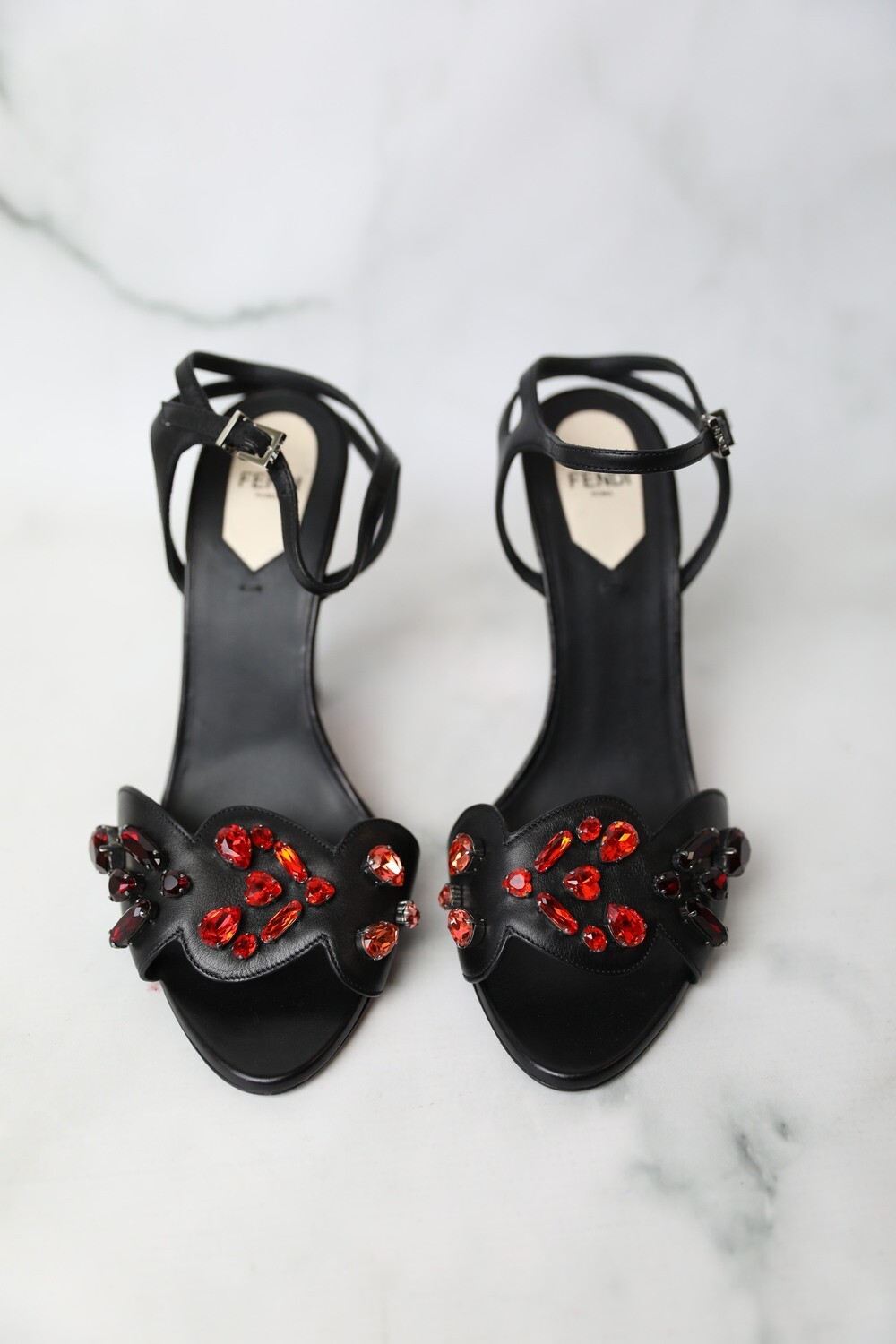 Fendi Red Crystal Heeled Sandals, Black Leather, Size 38, New WA001