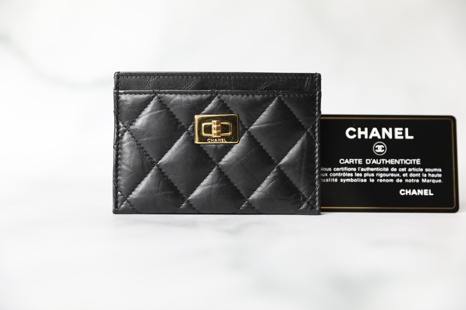 Chanel SLG Reissue Flat Cardholder, Black with Gold Hardware, Preowned in Box WA001