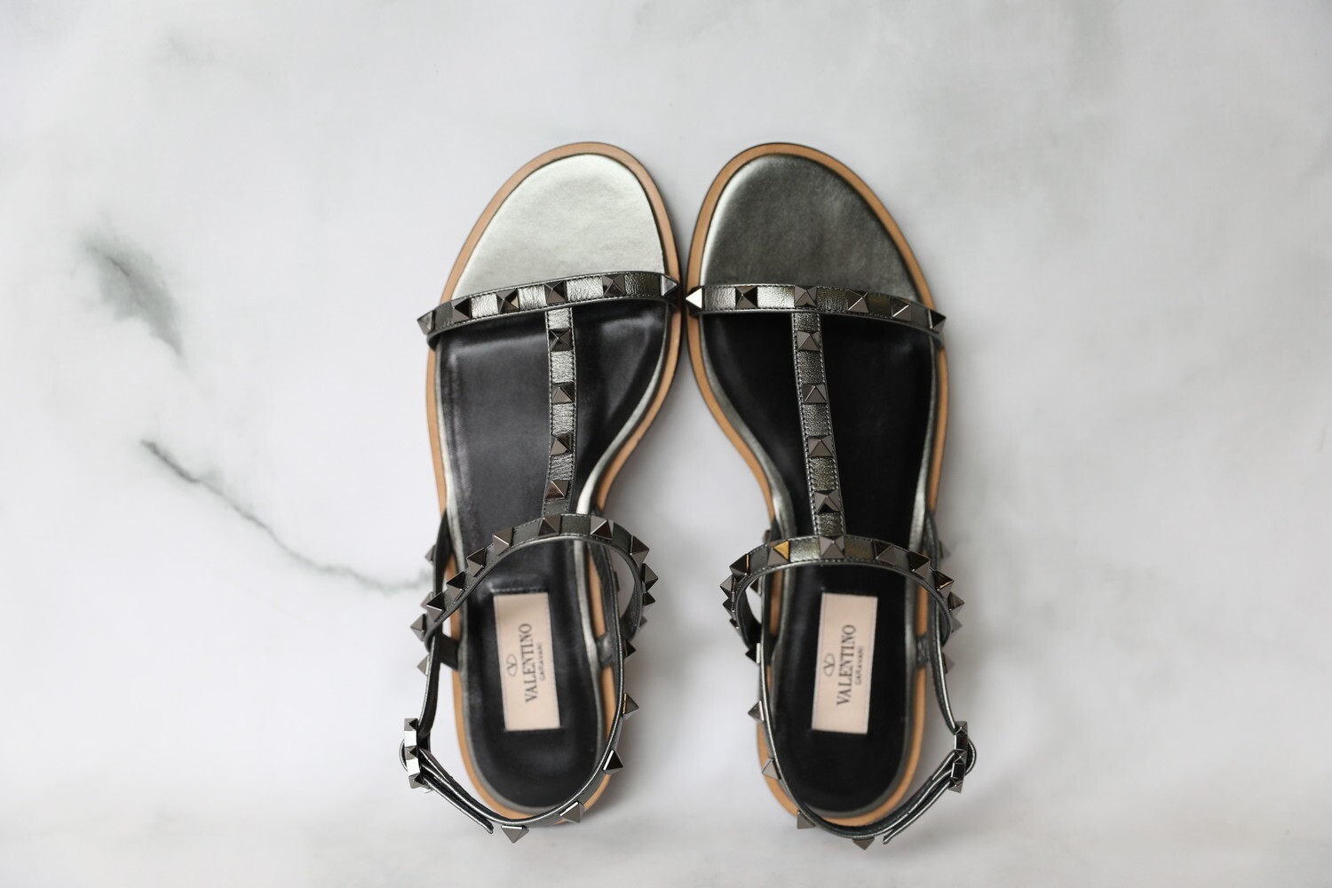 Valentino Shoes Flat Rockstud Sandals, Dark Grey, Size 37, New in Box WA001