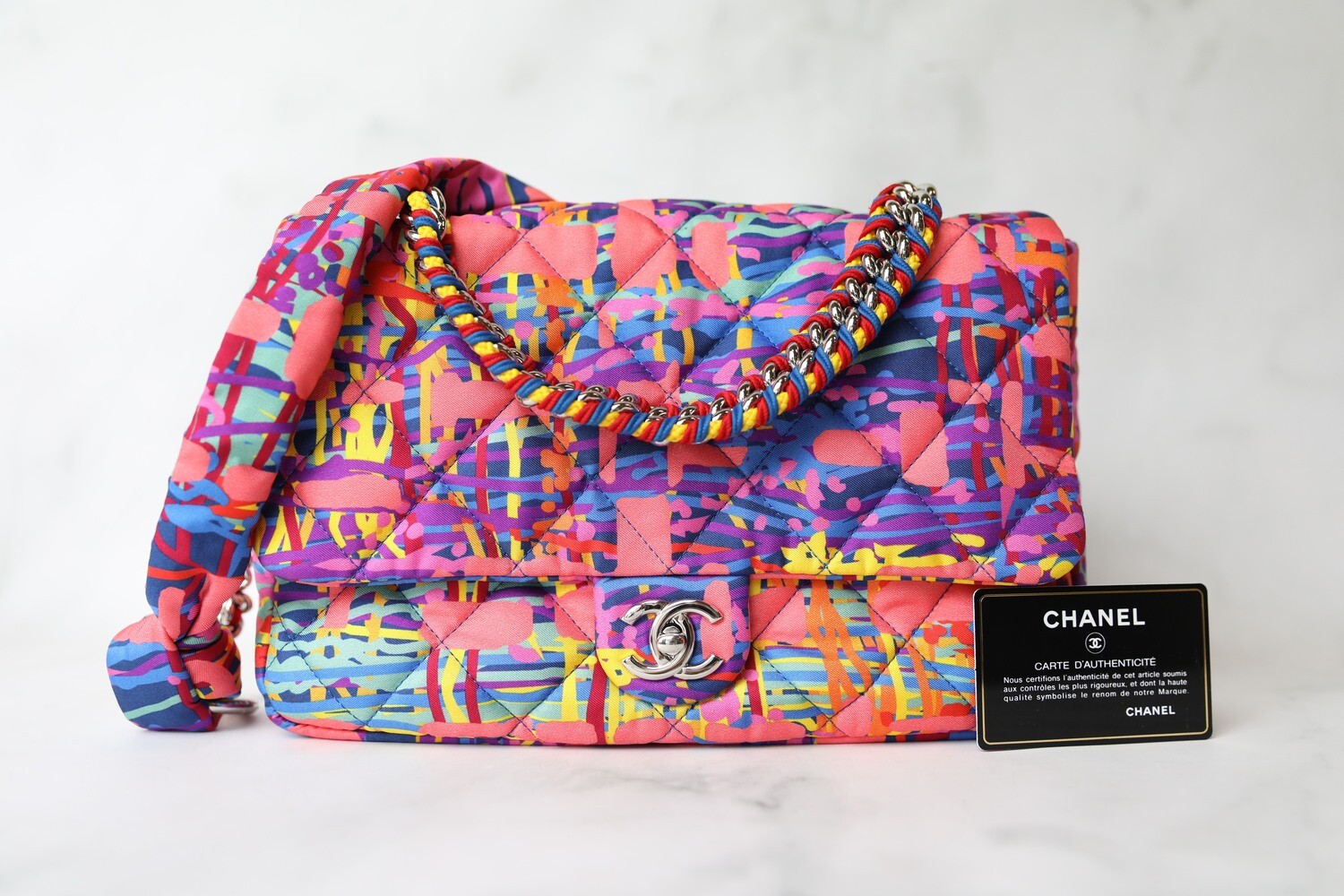 Chanel Foulard Bag Small, Multicolor Fabric with Silver Hardware, Preowned  in Dustbag WA001