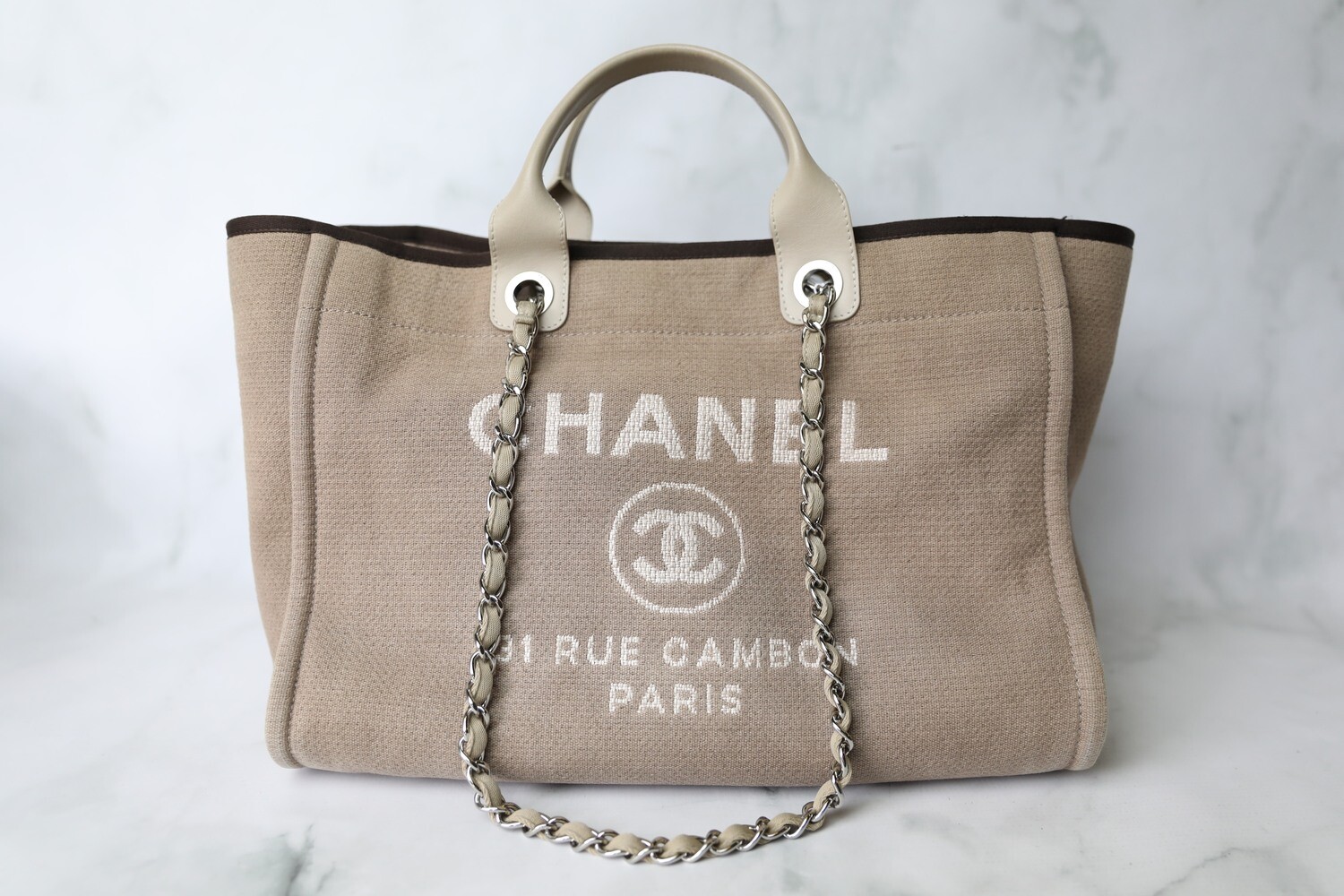 Chanel Deauville Large, Beige with Silver Hardware, Preowned in Box WA001