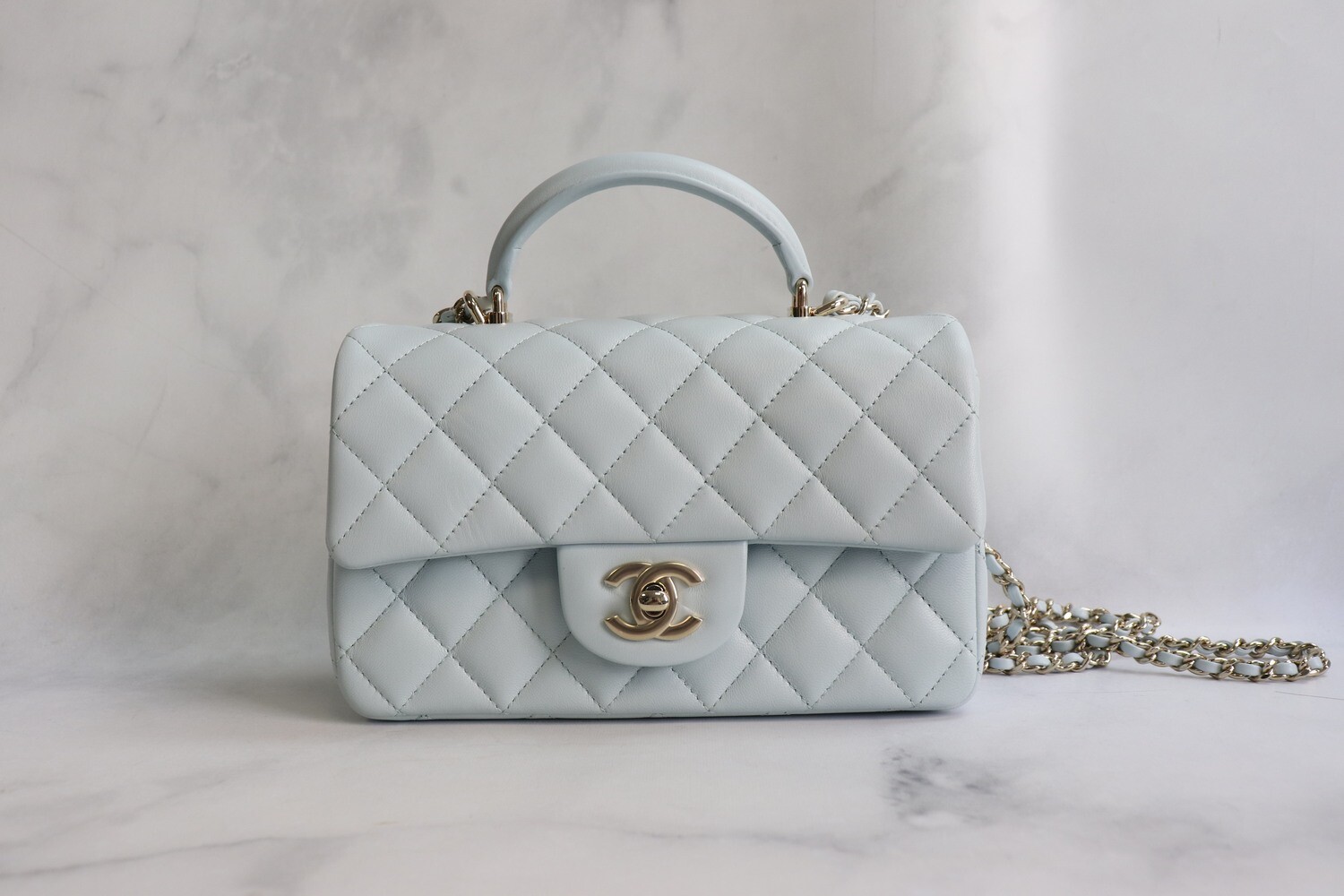 Chanel Mini Top Handle, Light Blue Lambskin Leather, Shiny Gold Hardware,  New in Box - Julia Rose Boston