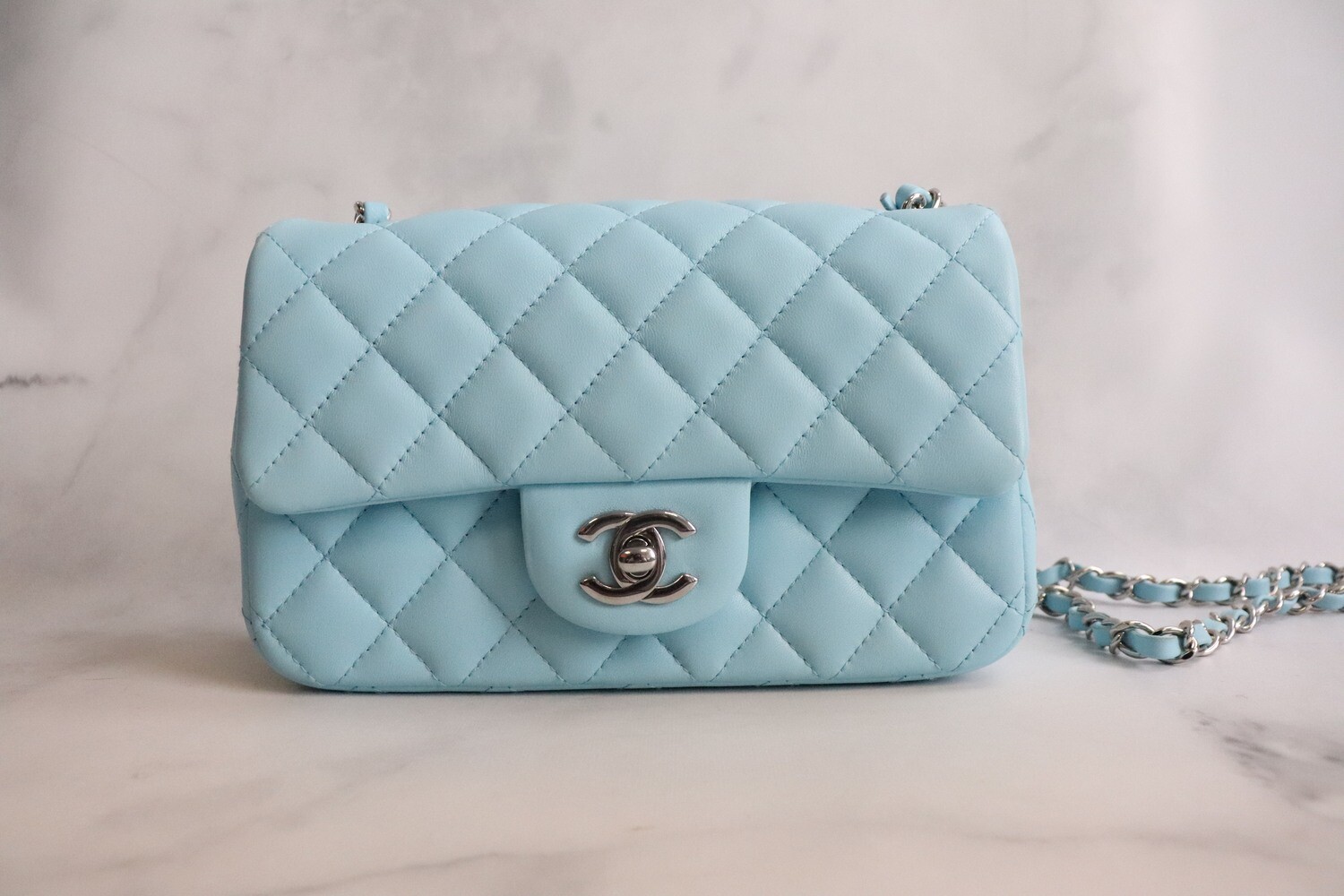 Chanel Mini Rectangle Neon Blue Lambskin Leather, Silver Hardware, Like New in Box