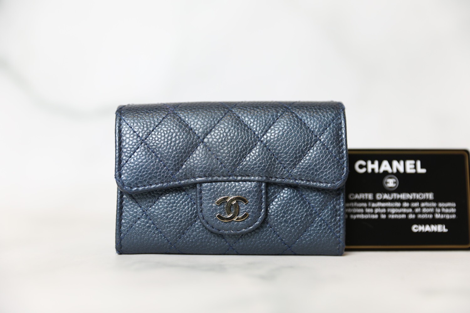Chanel SLG Snap Cardholder, Iridescent Blue Caviar with Gold Hardware, Preowned in Box WA001