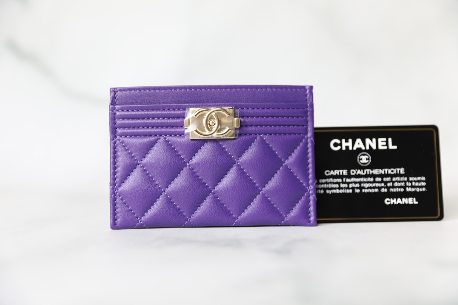 Chanel SLG Boy Flat cardholder, Purple Lambskin with Gold Hardware, New in  Box WA001
