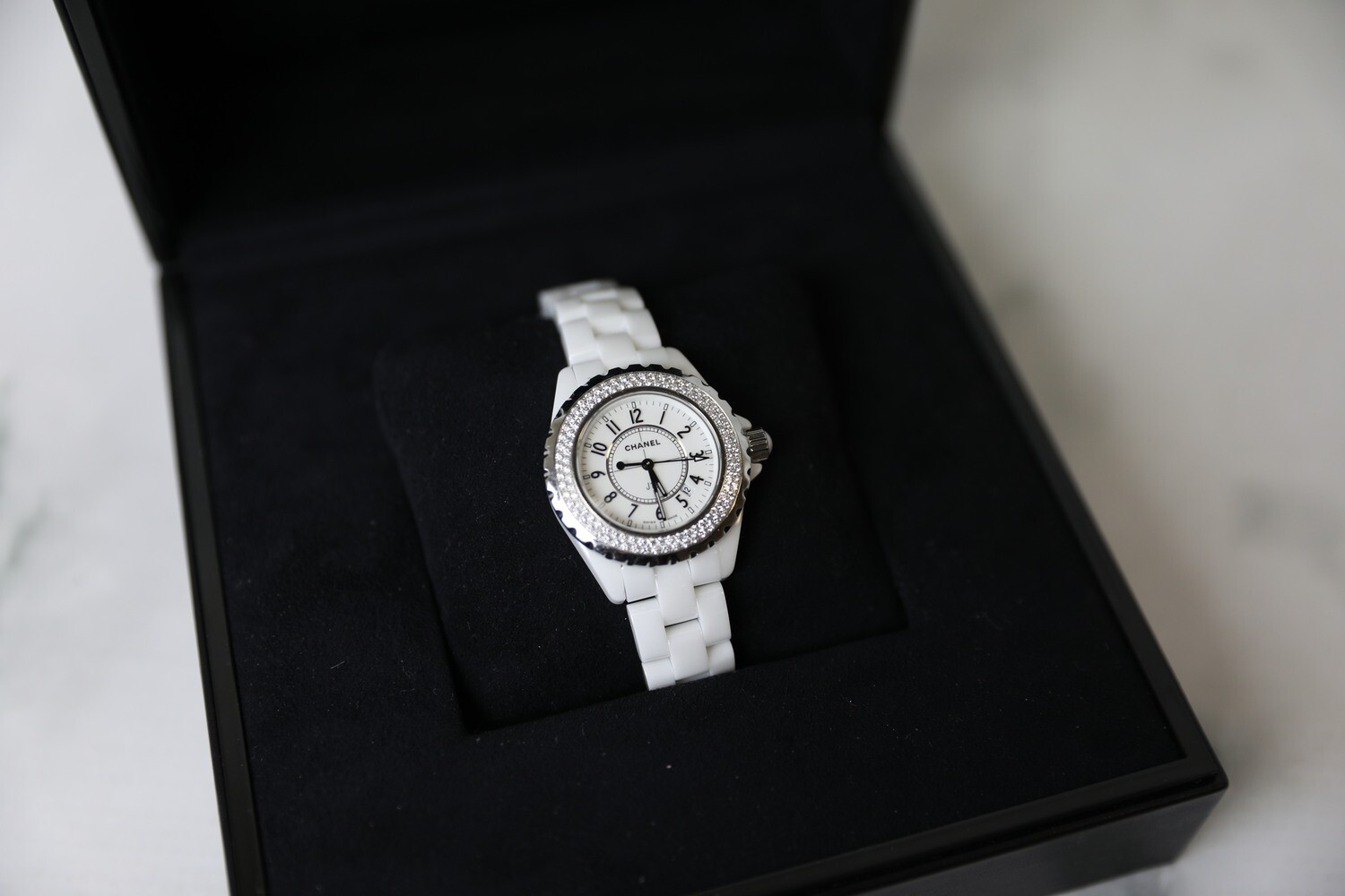 Chanel J12 Watch, White with Diamonds, Preowned in Box WA001