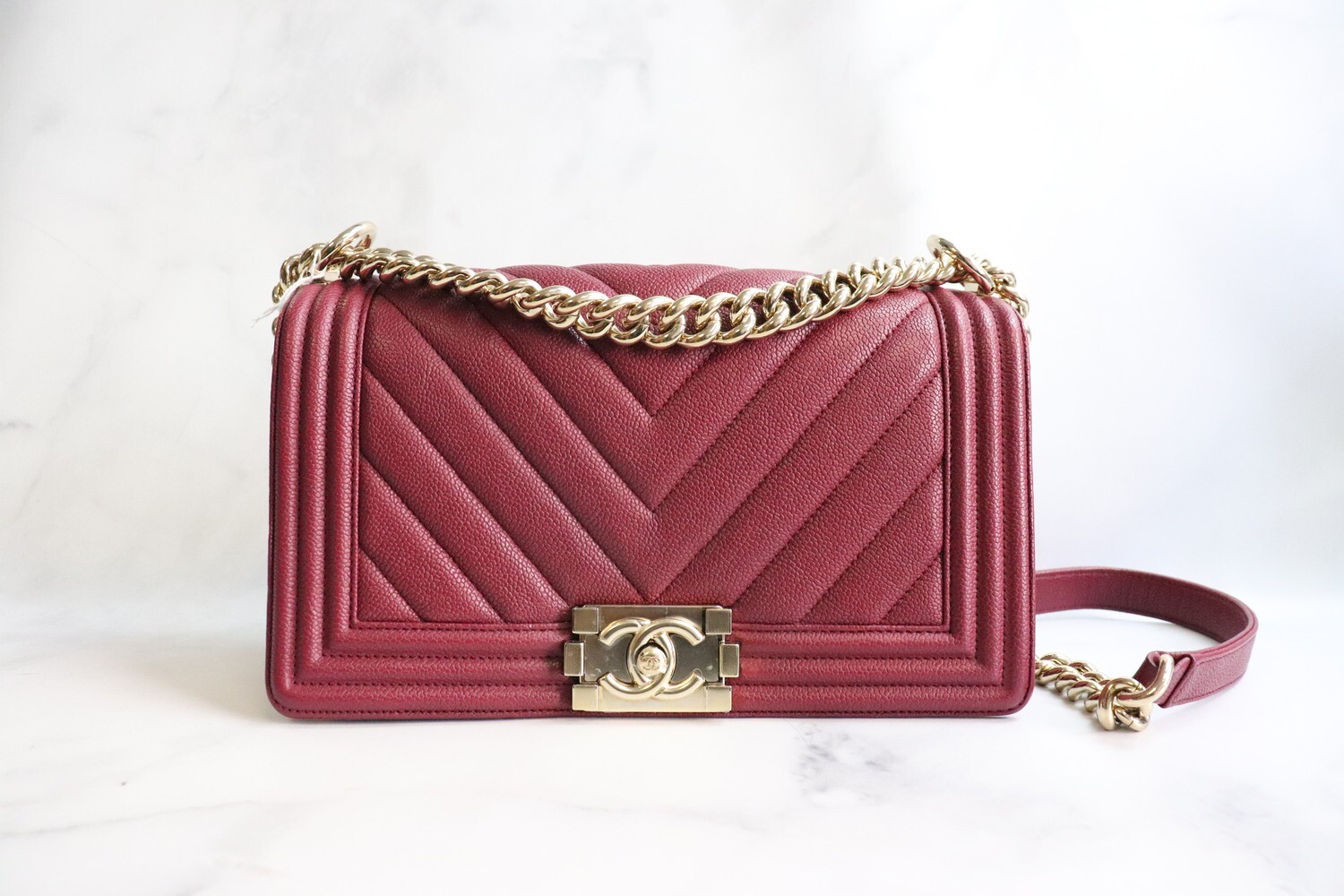 Chanel Boy Old Medium Raspberry Caviar Leather, Brushed Gold Hardware, Preowned in Dustbag