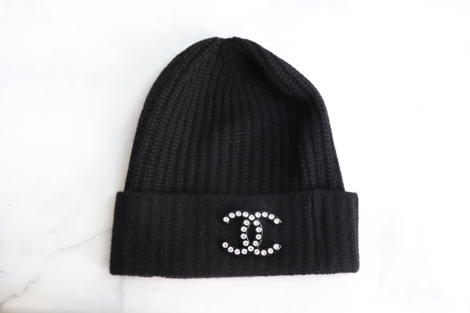 Chanel Hat Beanie Black with Crystal Brooch, New - No Box