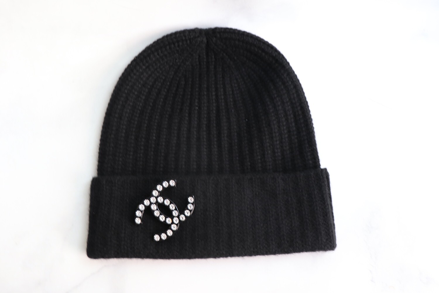 Chanel Hat Beanie Black with Crystal Brooch, New - No Box