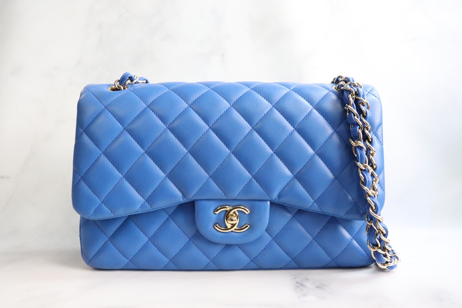 Chanel Classic Jumbo Double Flap, Blue Lambskin Leather, Gold Hardware,  Preowned in Box
