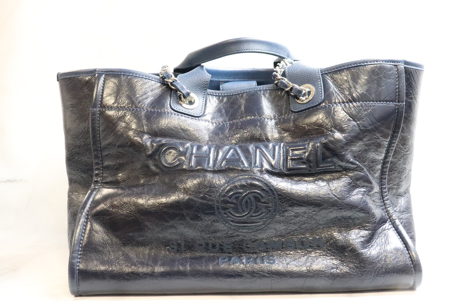 Chanel Deauville Navy Crinkled Calfskin, Silver Hardware, Preowned - No Dustbag