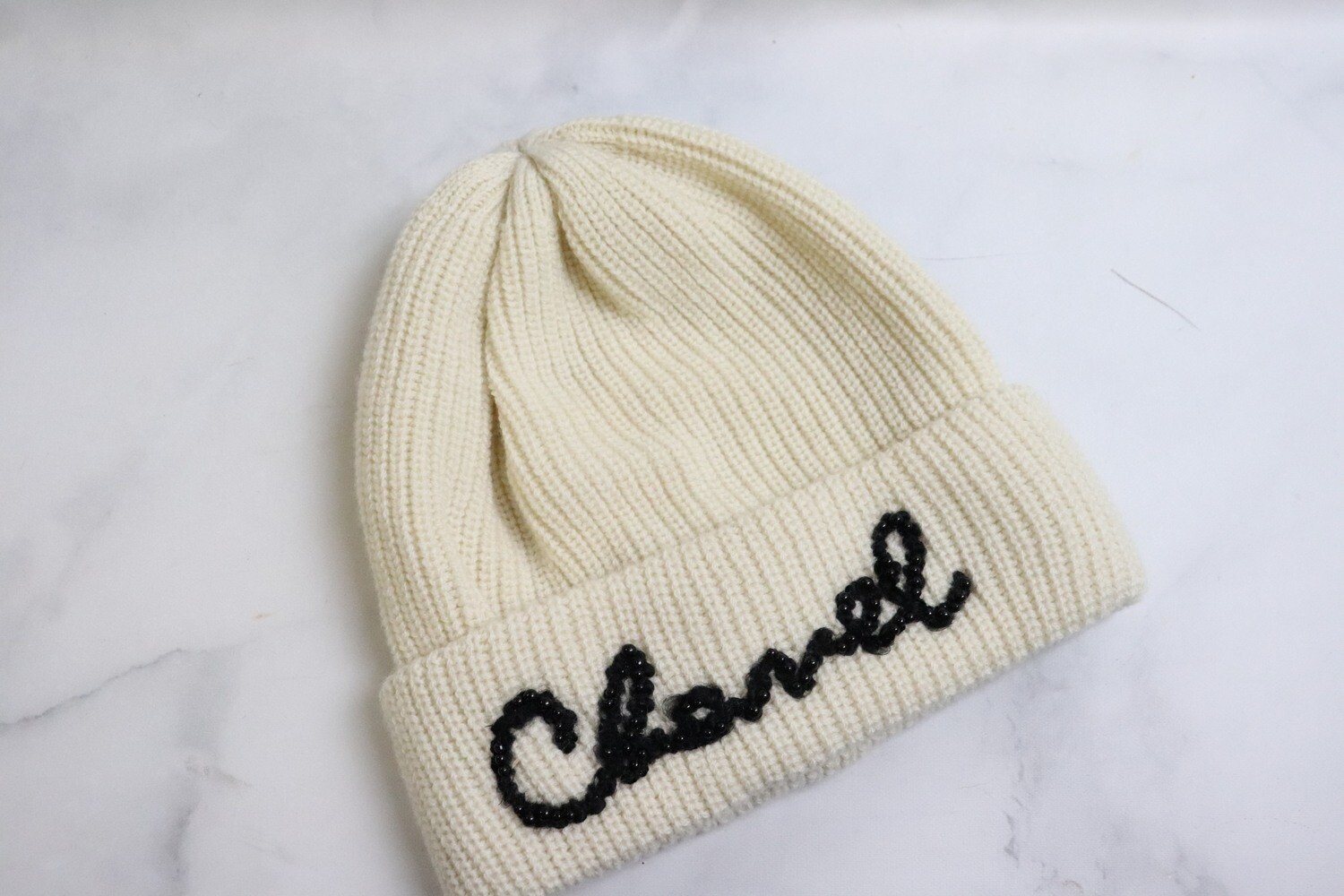 Chanel Hat Beanie Scripted Black Pearl, Beige Knit, New - No Box GA001