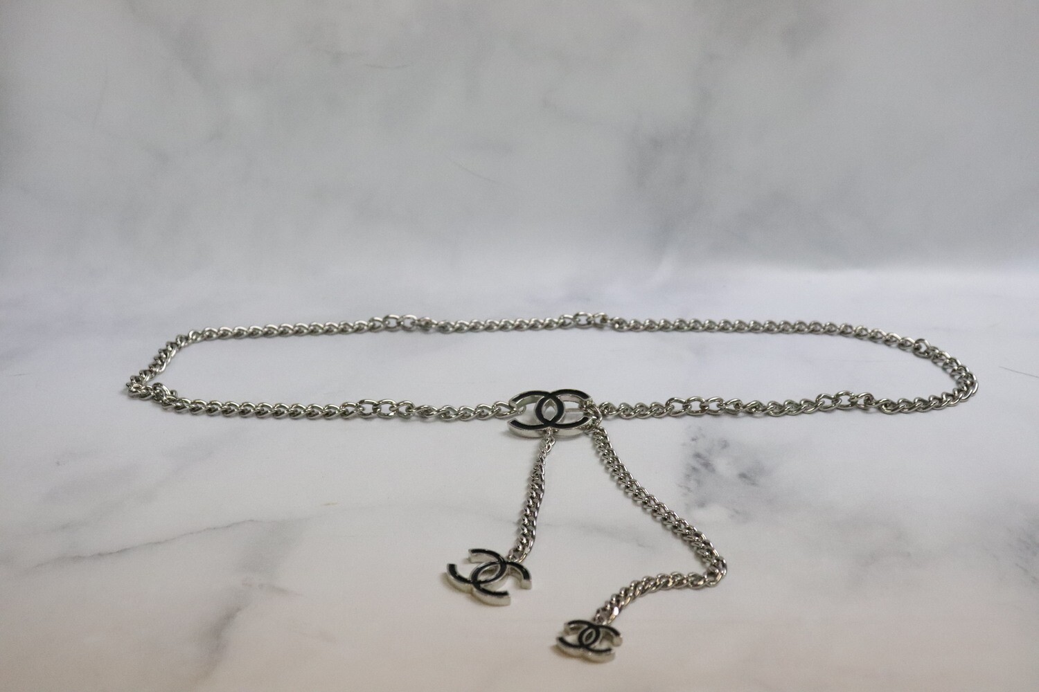 Chanel Chain belt, Silver with Black Enamel CC, Preowned