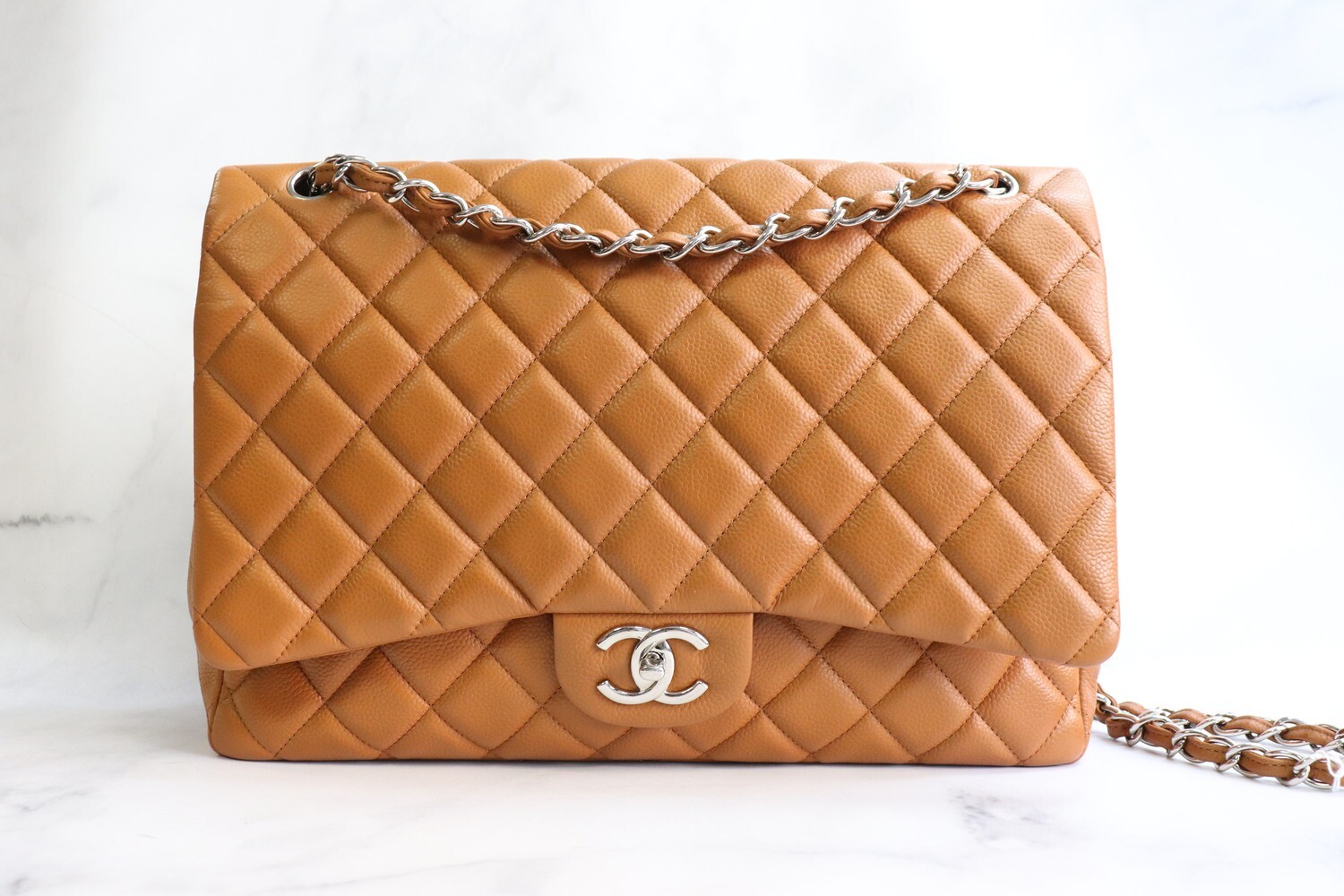Chanel Classic Maxi Double Flap, Caramel Caviar Leather, Silver Hardware, Preowned in Black Dustbag MA001