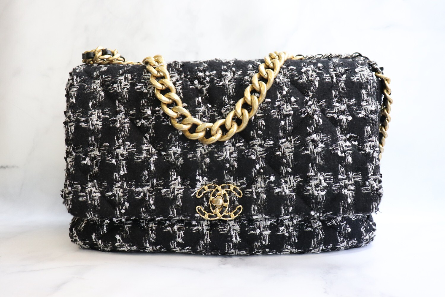 Chanel 19 Maxi Black and Silver Tweed, Preowned in Box