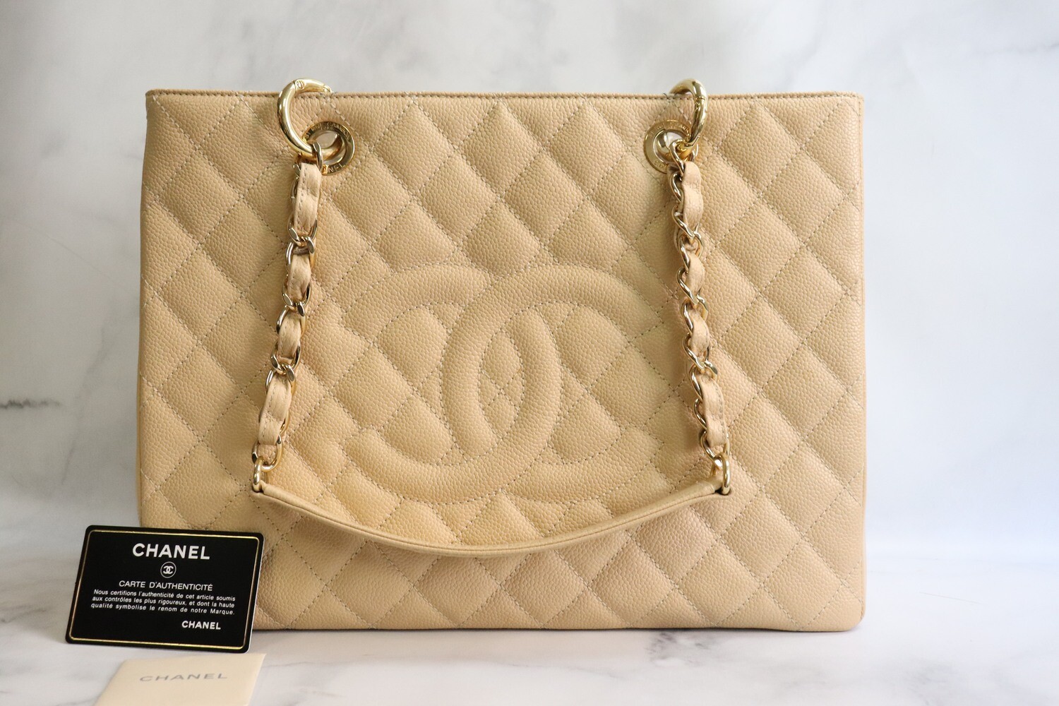 Chanel Grand Shopping Tote, Beige Clair Caviar Leather, Gold Hardware, Preowned in Dustbag