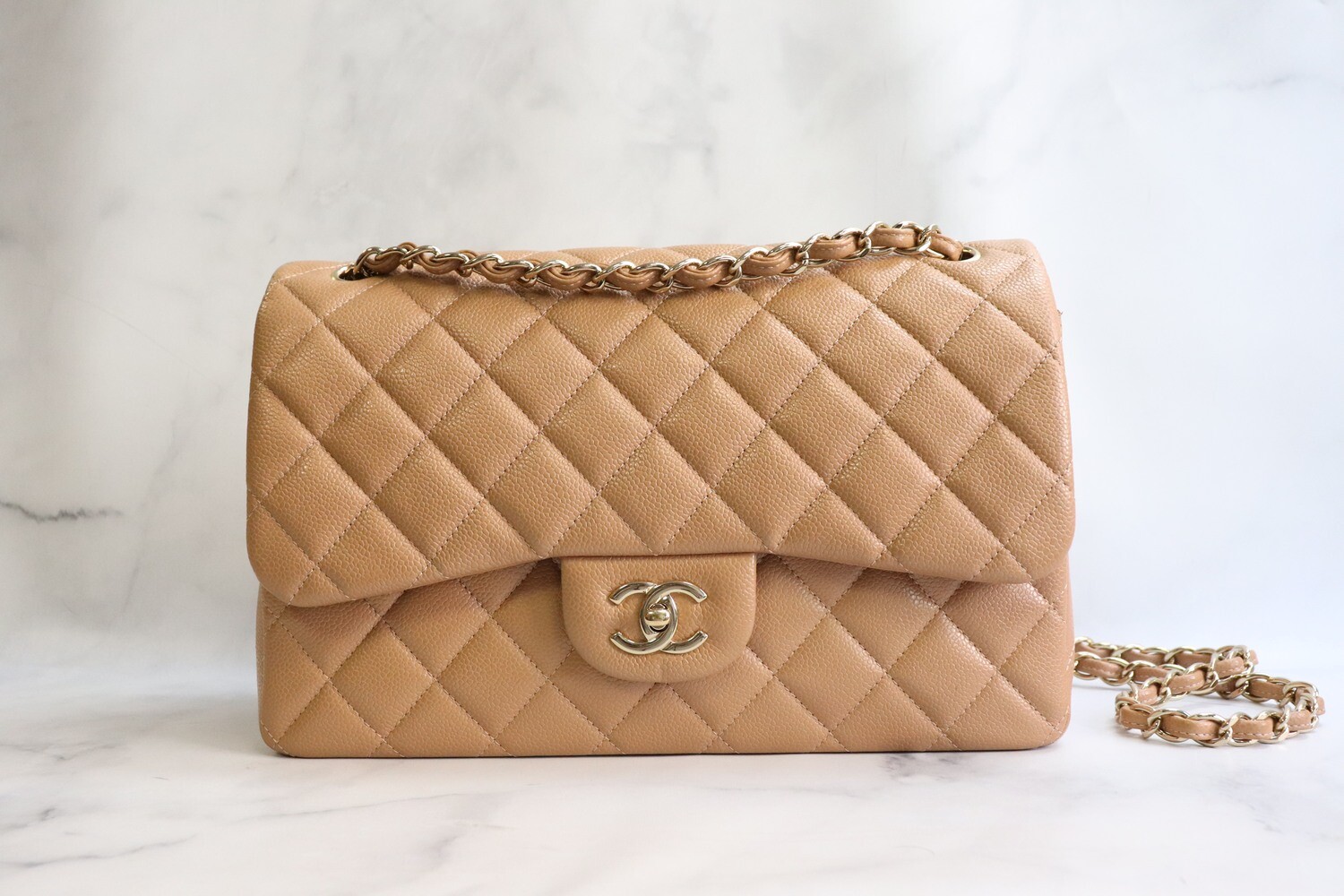 Chanel Classic Jumbo Double Flap, 18S Dark Beige Caviar Leather Gold Hardware, Preowned in Box