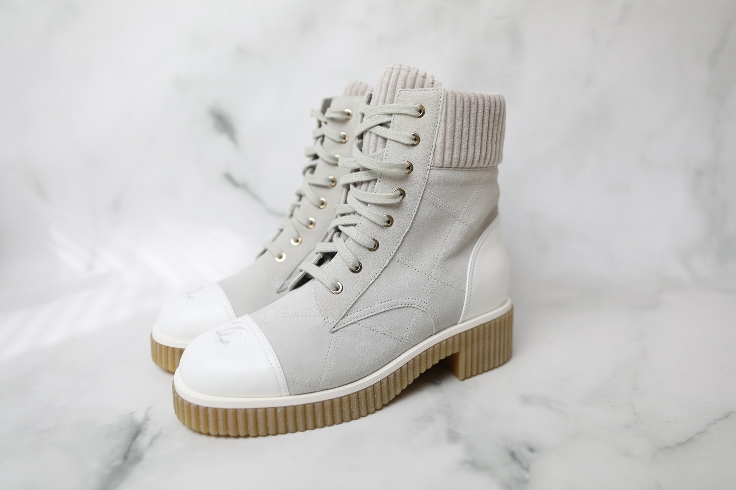 Chanel Lace Up Hiker Boots, Grey Suede with White Cap Toe, Size 39.5, New in Box WA001