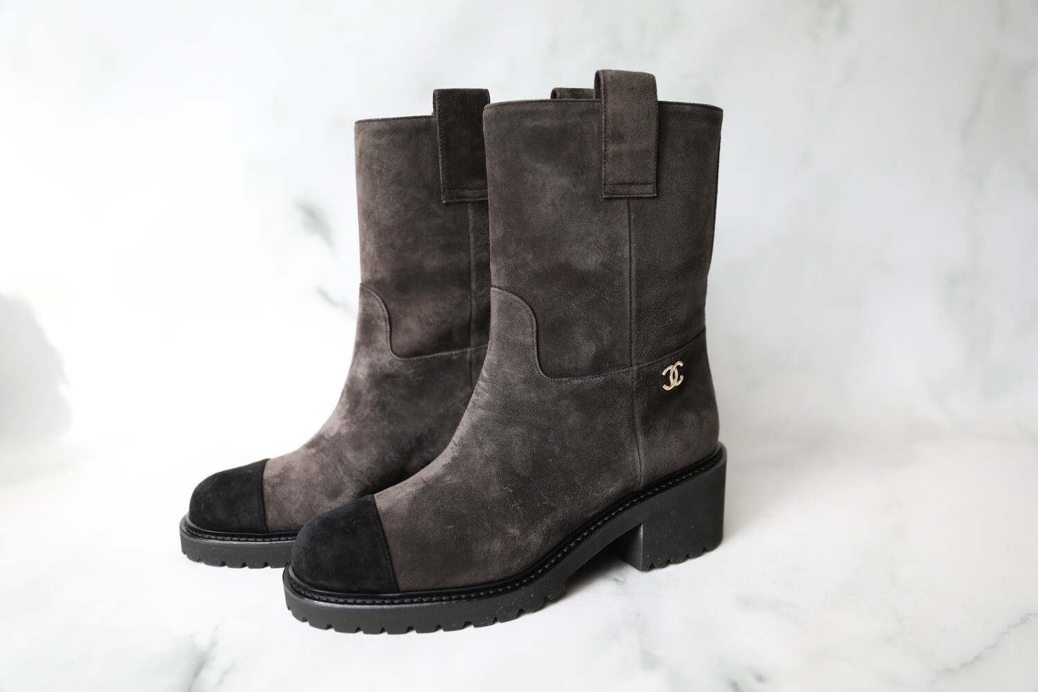 Chanel Boots, Brown Suede with Black Cap Toe, Size 38, New in Box WA001