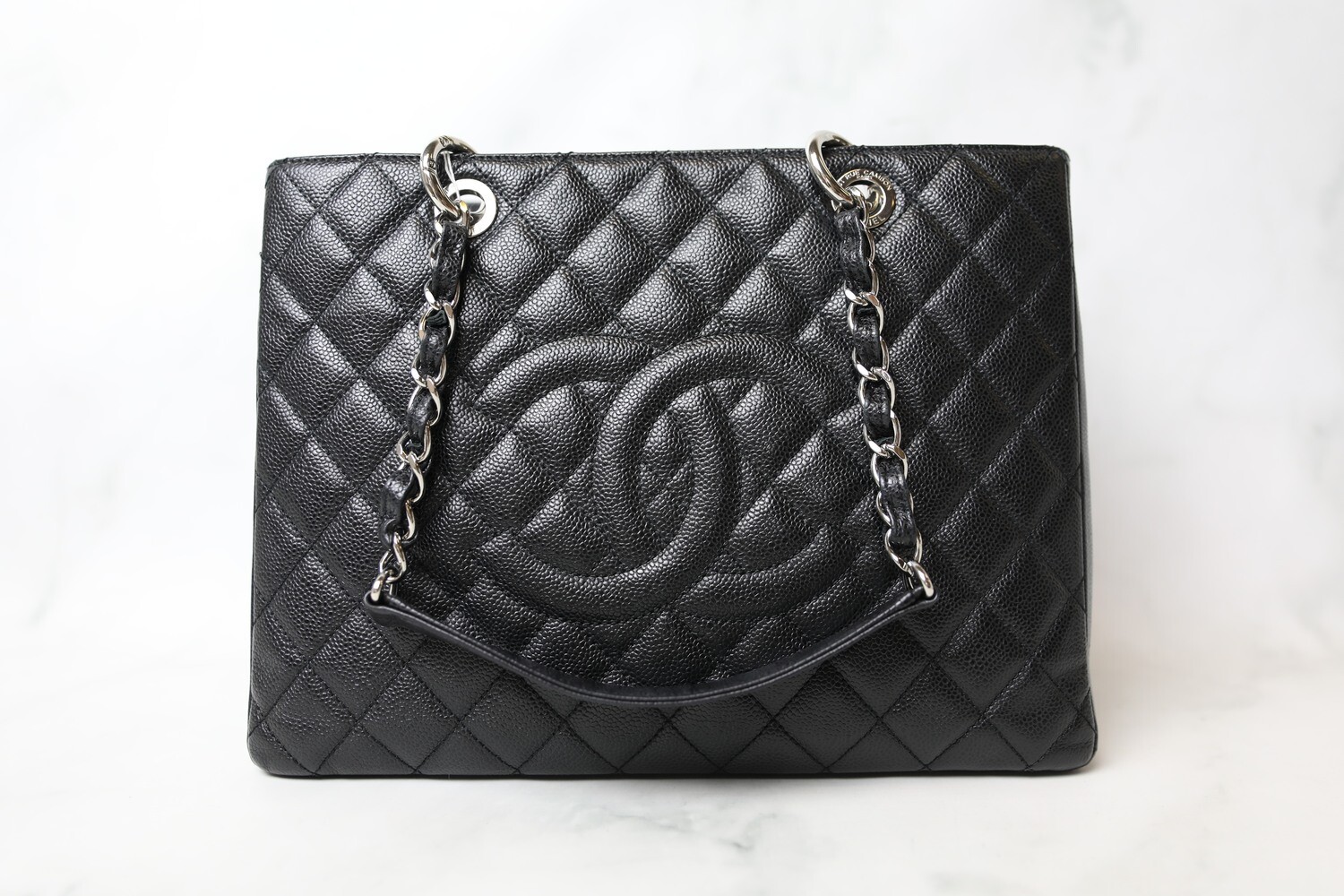 Chanel GST Tote, Black Caviar with Silver Hardware, Preowned in Dustbag WA001